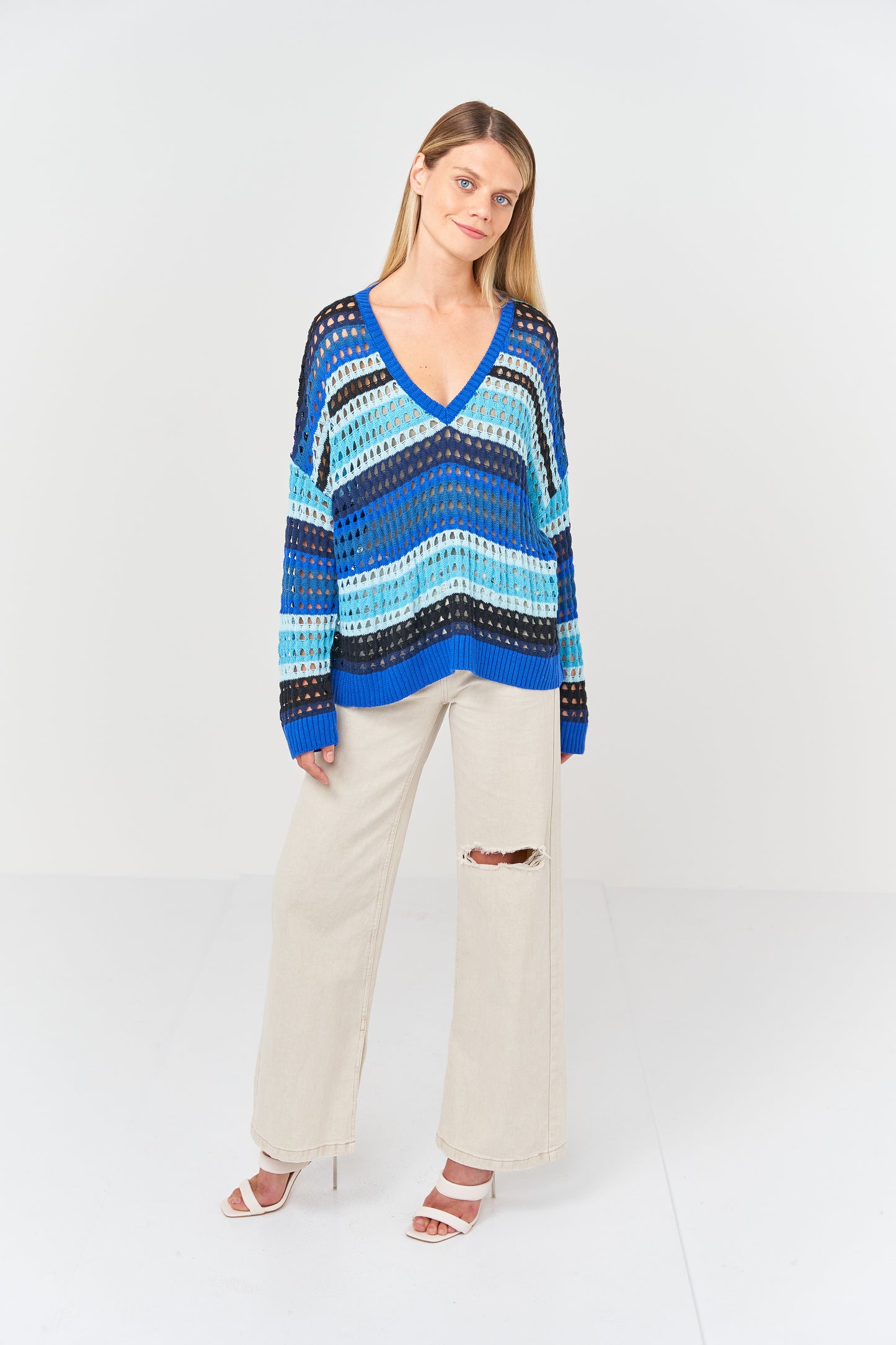 Pointelle Colour Block V Neck Jumper