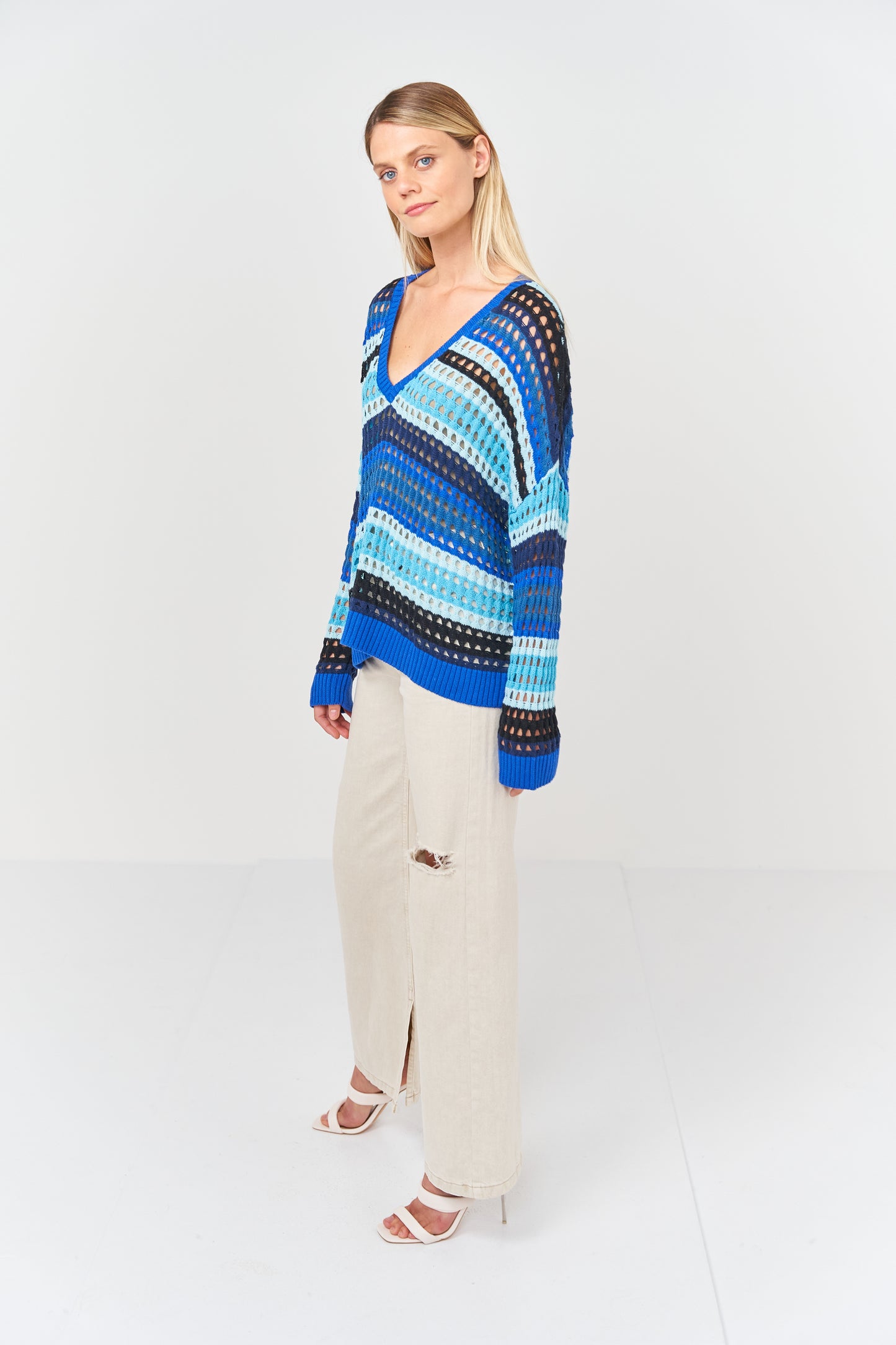 Pointelle Colour Block V Neck Jumper