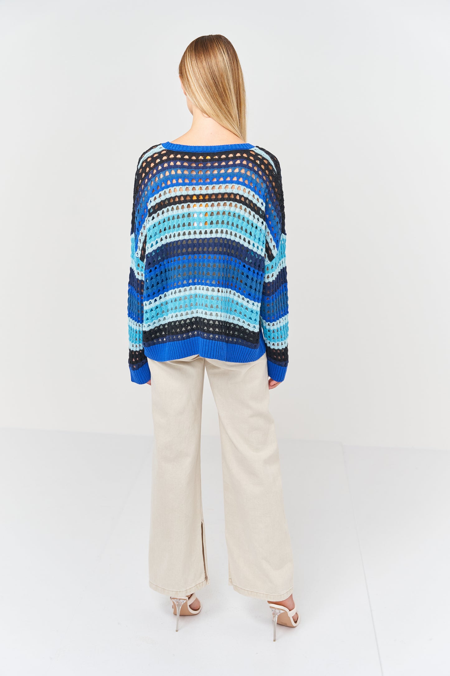 Pointelle Colour Block V Neck Jumper