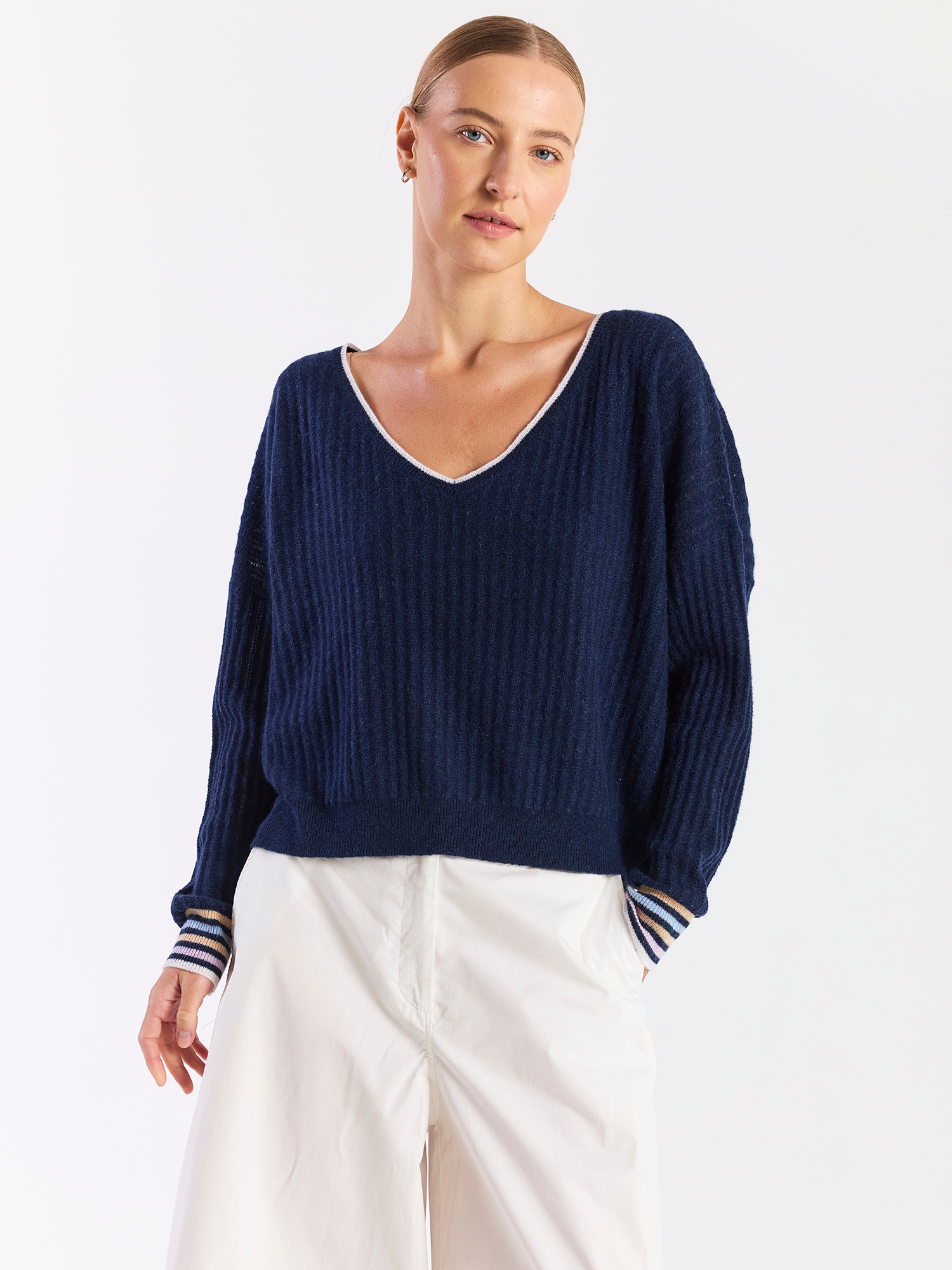 Striped Cuff Reversible Cashmere Jumper