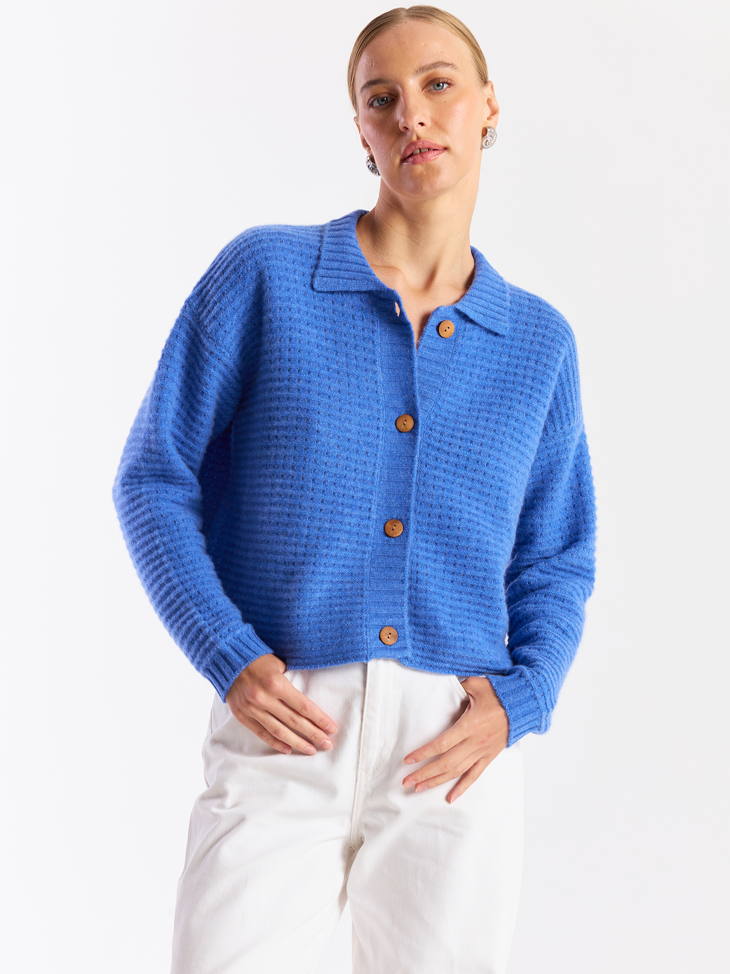 Ottoman Open Stitch Polo Cashmere Cardigan