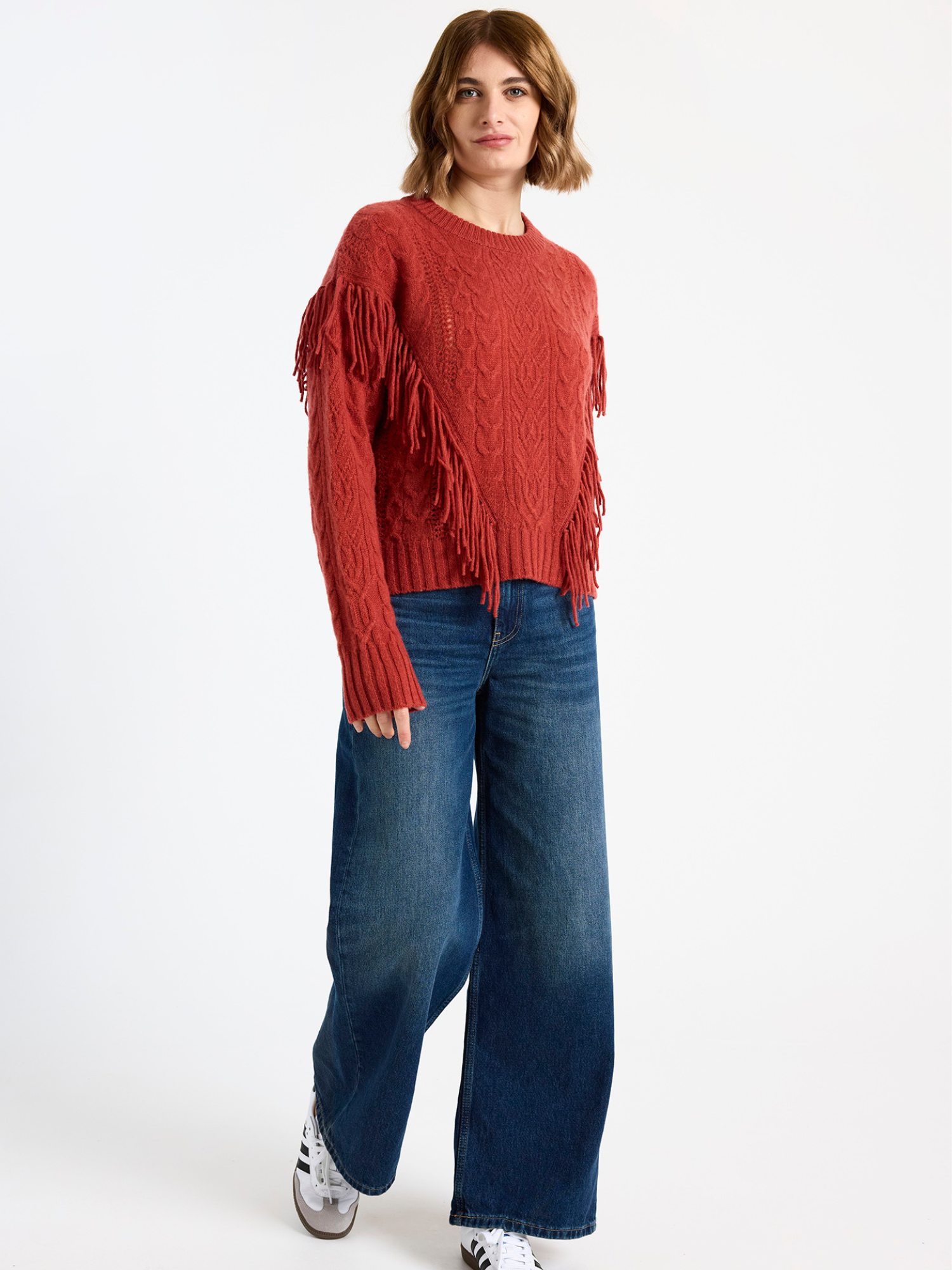 Cable Fringed Cashmere Crew Neck Jumper
