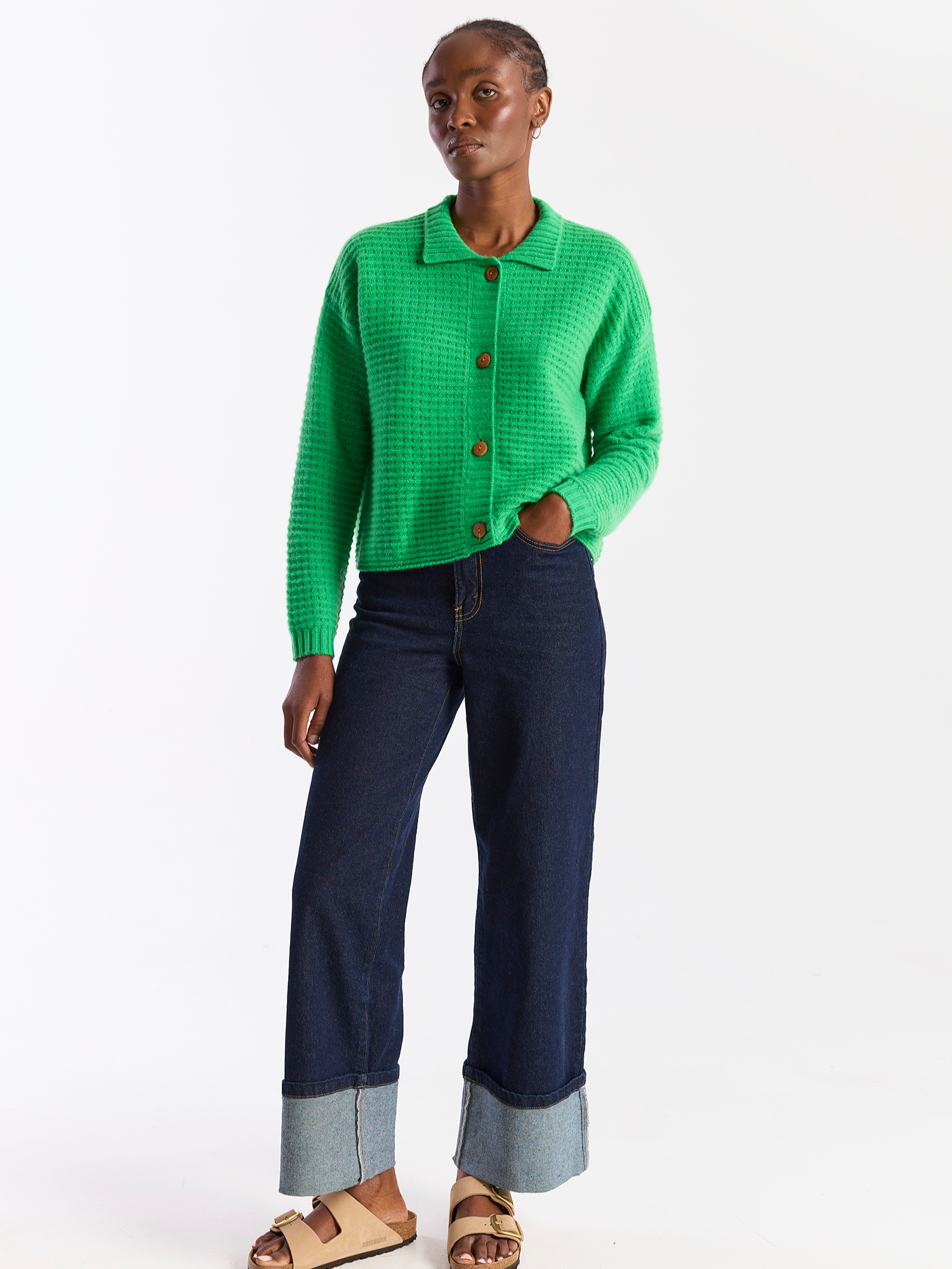 Ottoman Open Stitch Polo Cashmere Cardigan