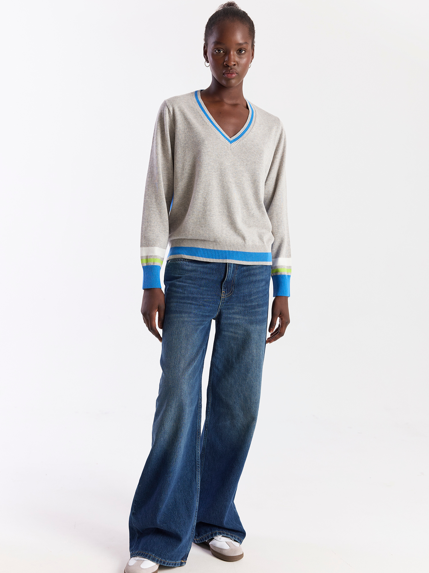 Contrast Stripe Varsity V Neck Jumper