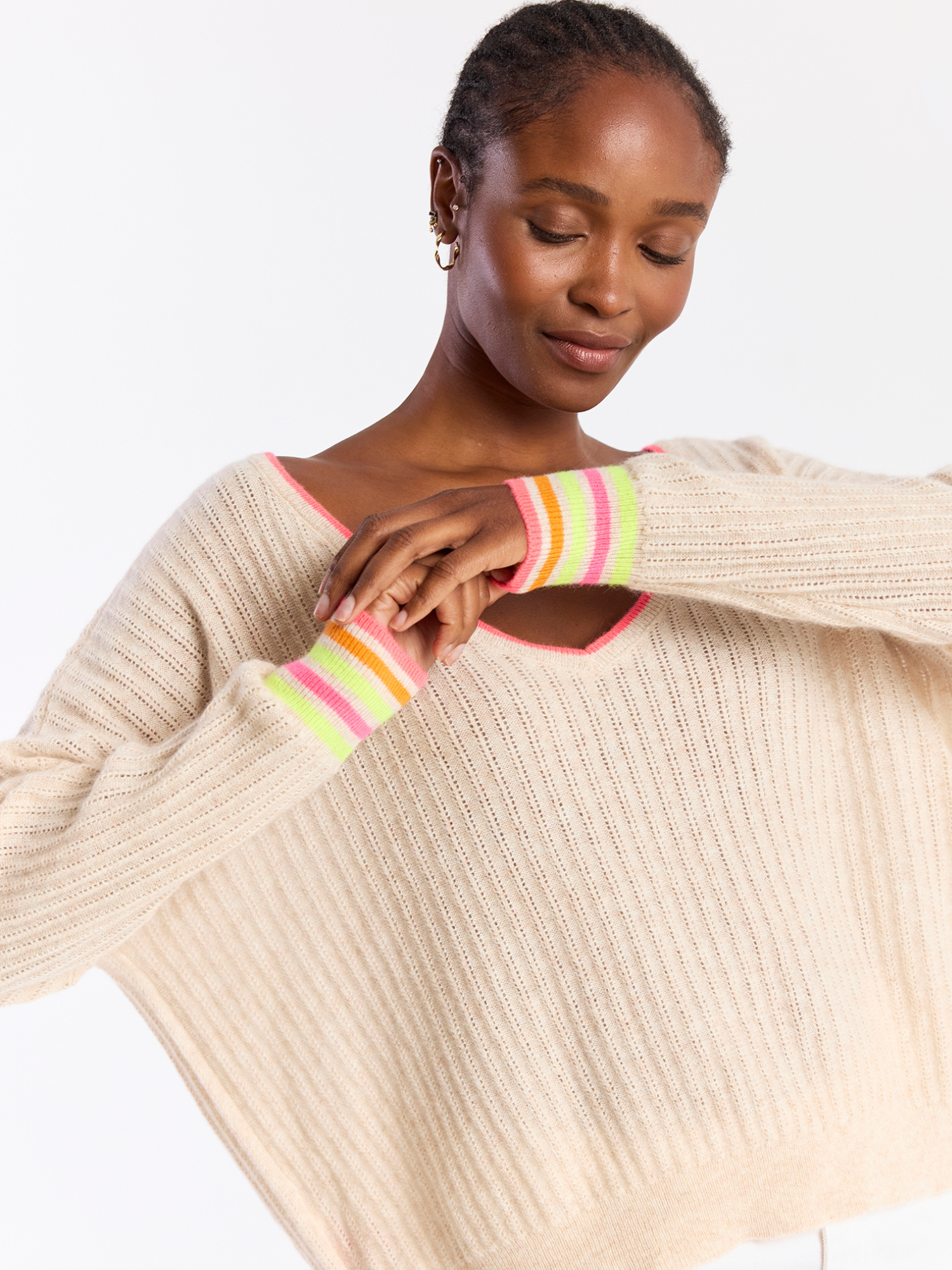 Striped Cuff Reversible Cashmere Jumper