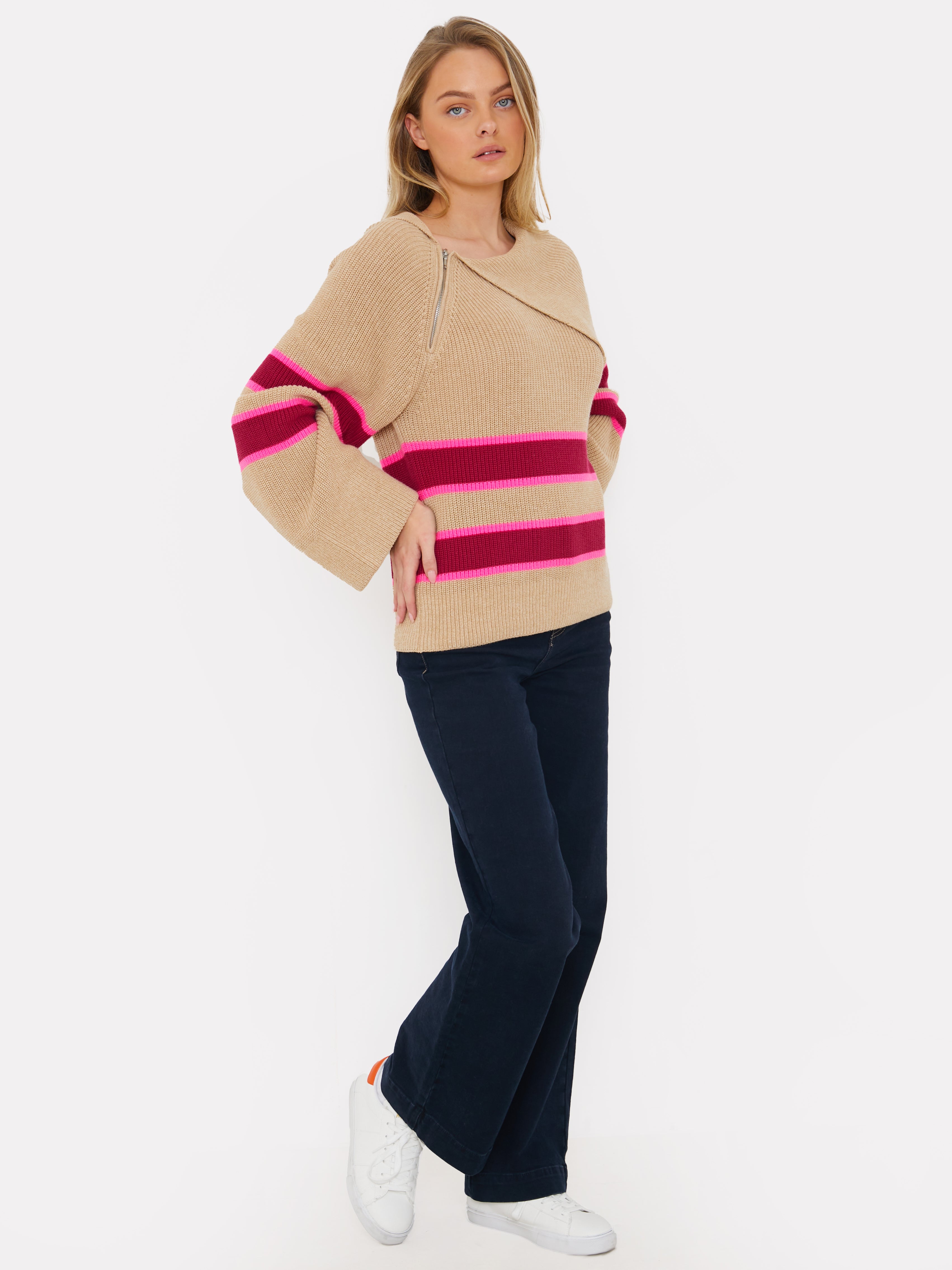 Stripe Asymmetric Zip Neck Jumper