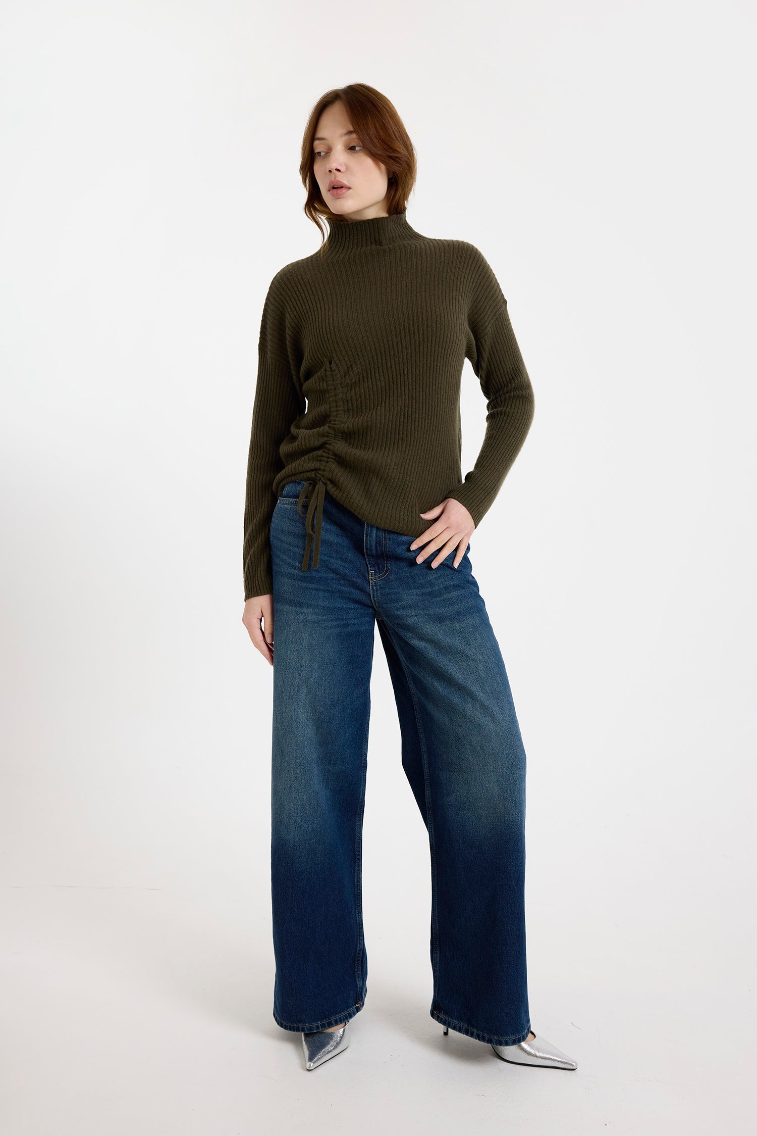 Rouched Cashmere High Neck Jumper