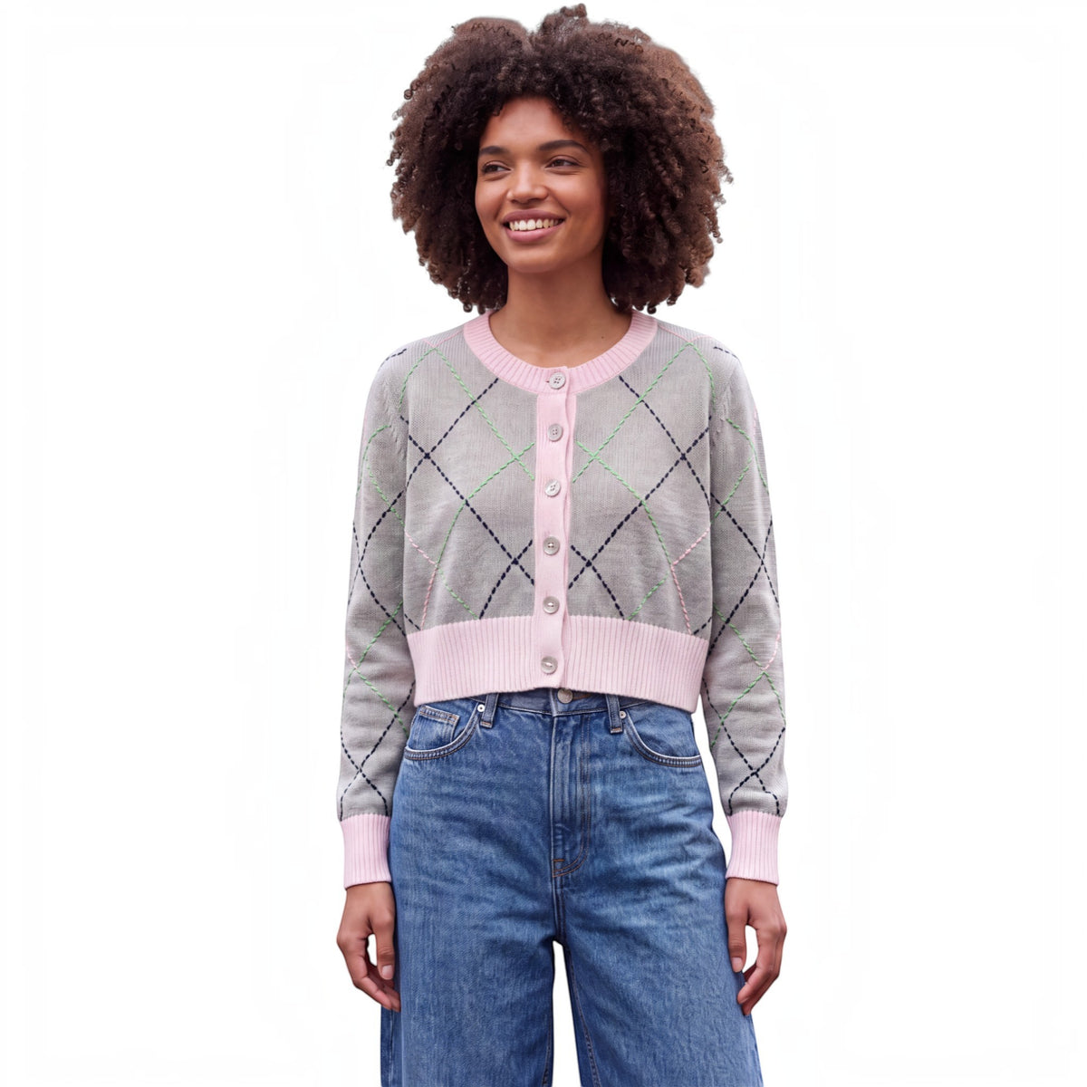 CONTRAST DIAMOND STITCH CARDI