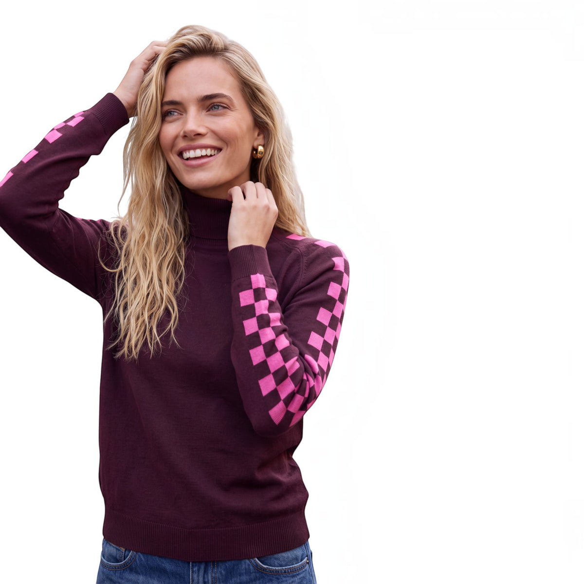 CHELSEA CHECKERED SLEEVE ROLL NECK