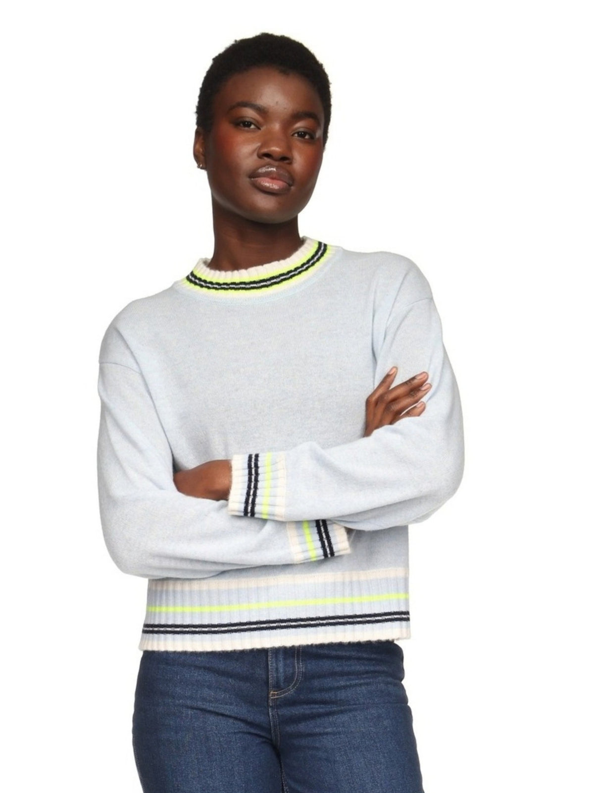STITCHY TRIM CASHMERE CREW