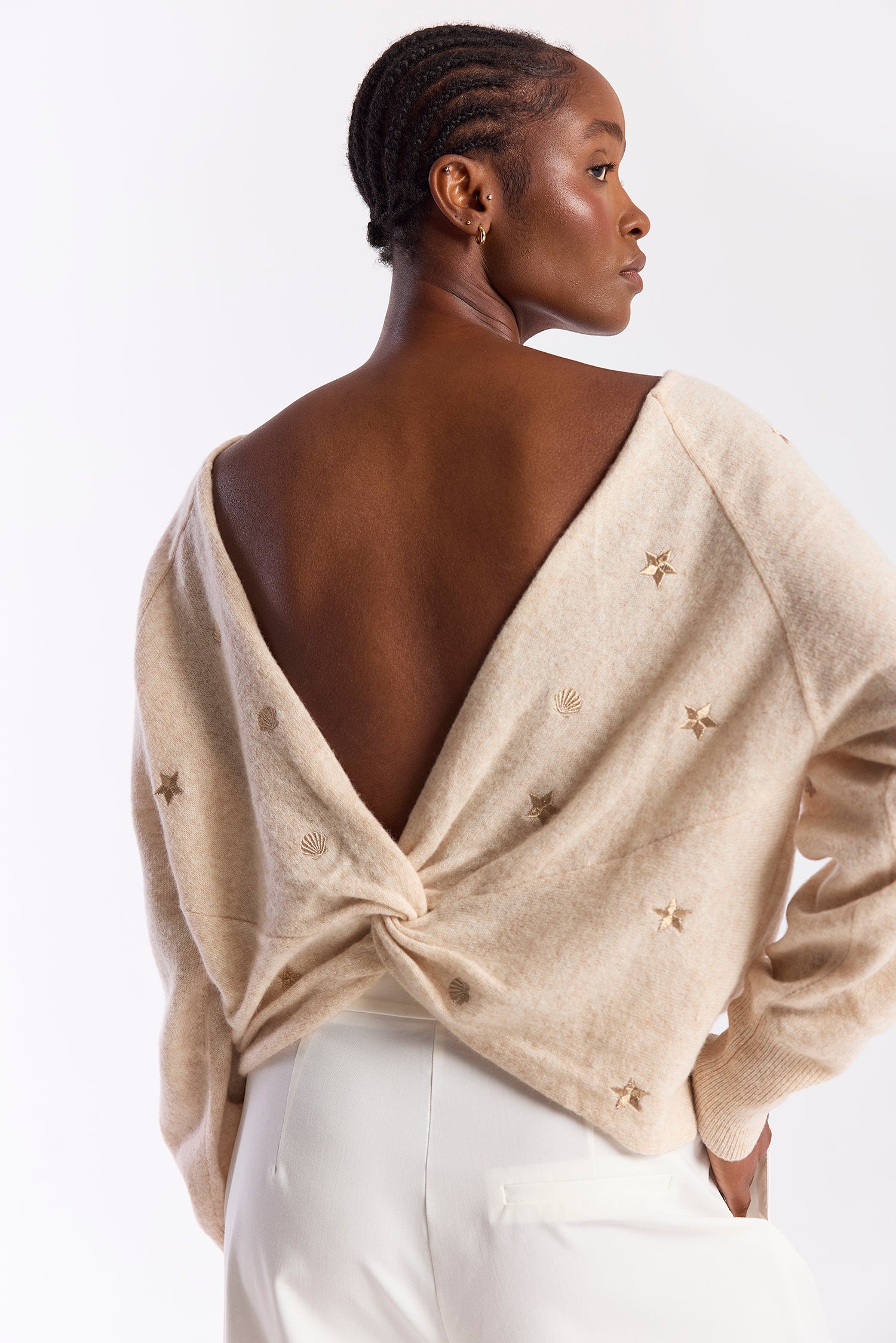 Sea Embroidery Twist Back Cashmere Jumper