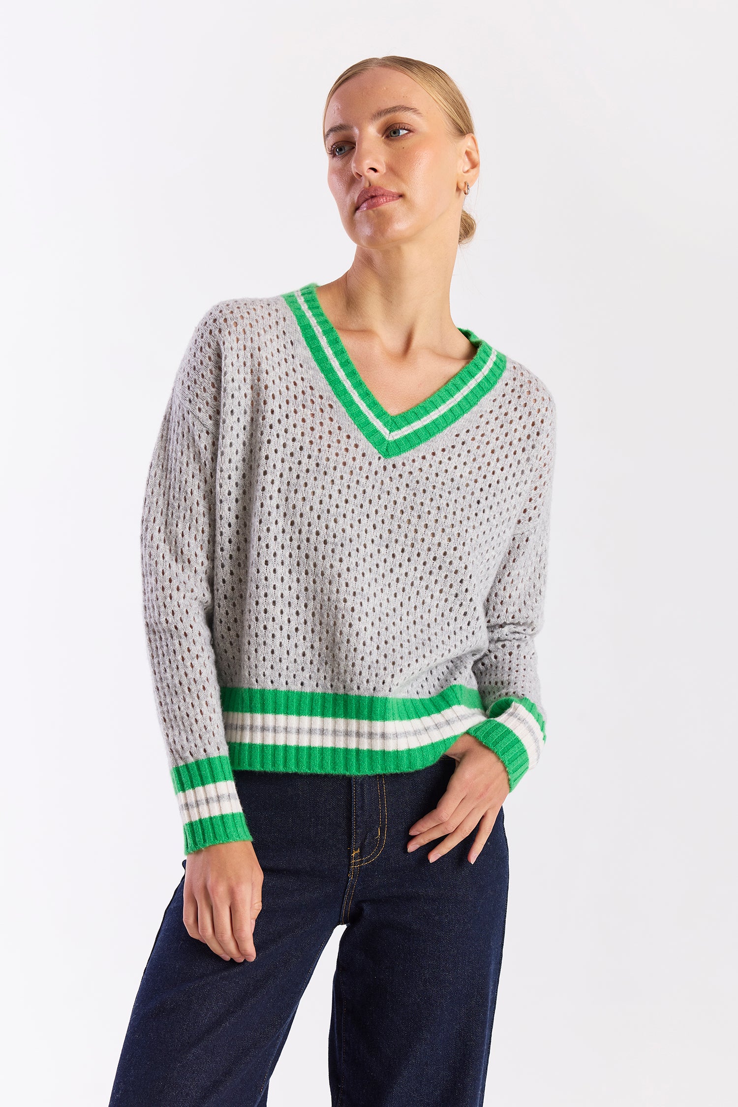 OPEN MESH CRICKET CASHMERE V-NECK