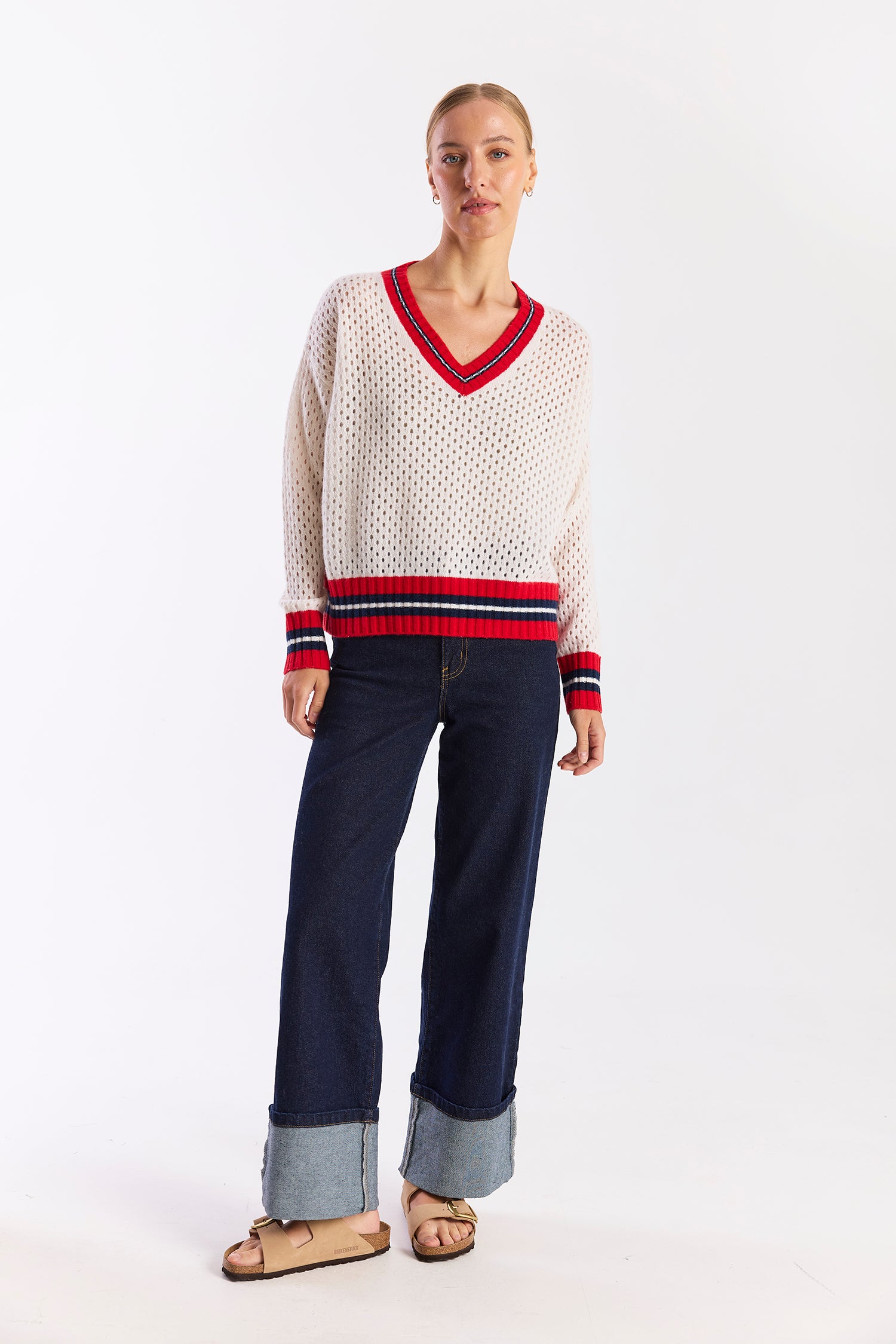 OPEN MESH CRICKET CASHMERE V-NECK