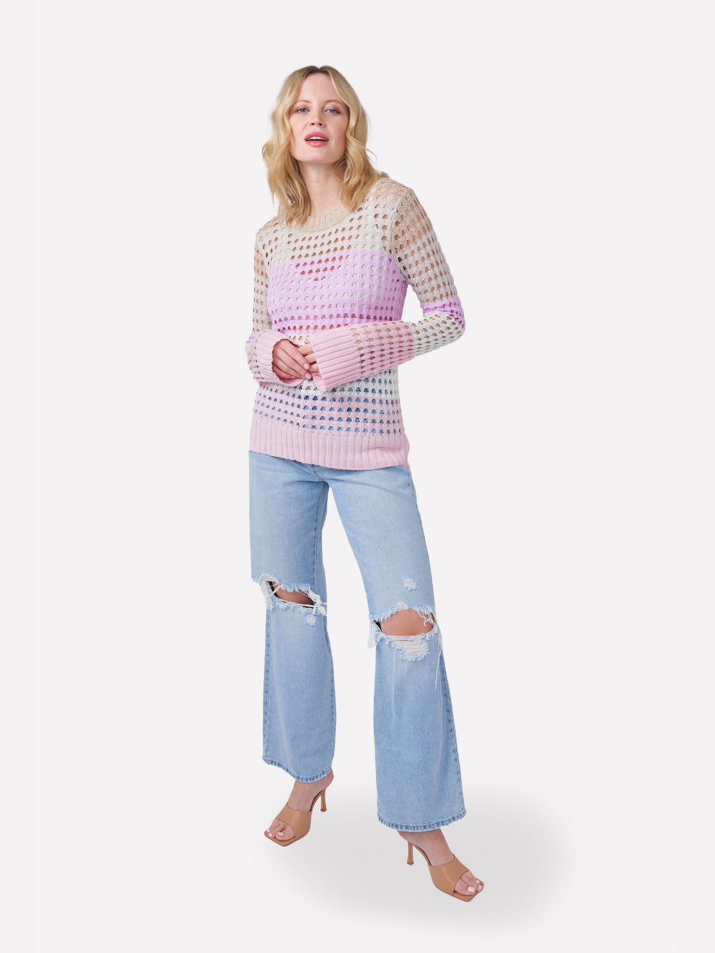 Pointelle Stripe Classic Crew Neck Jumper