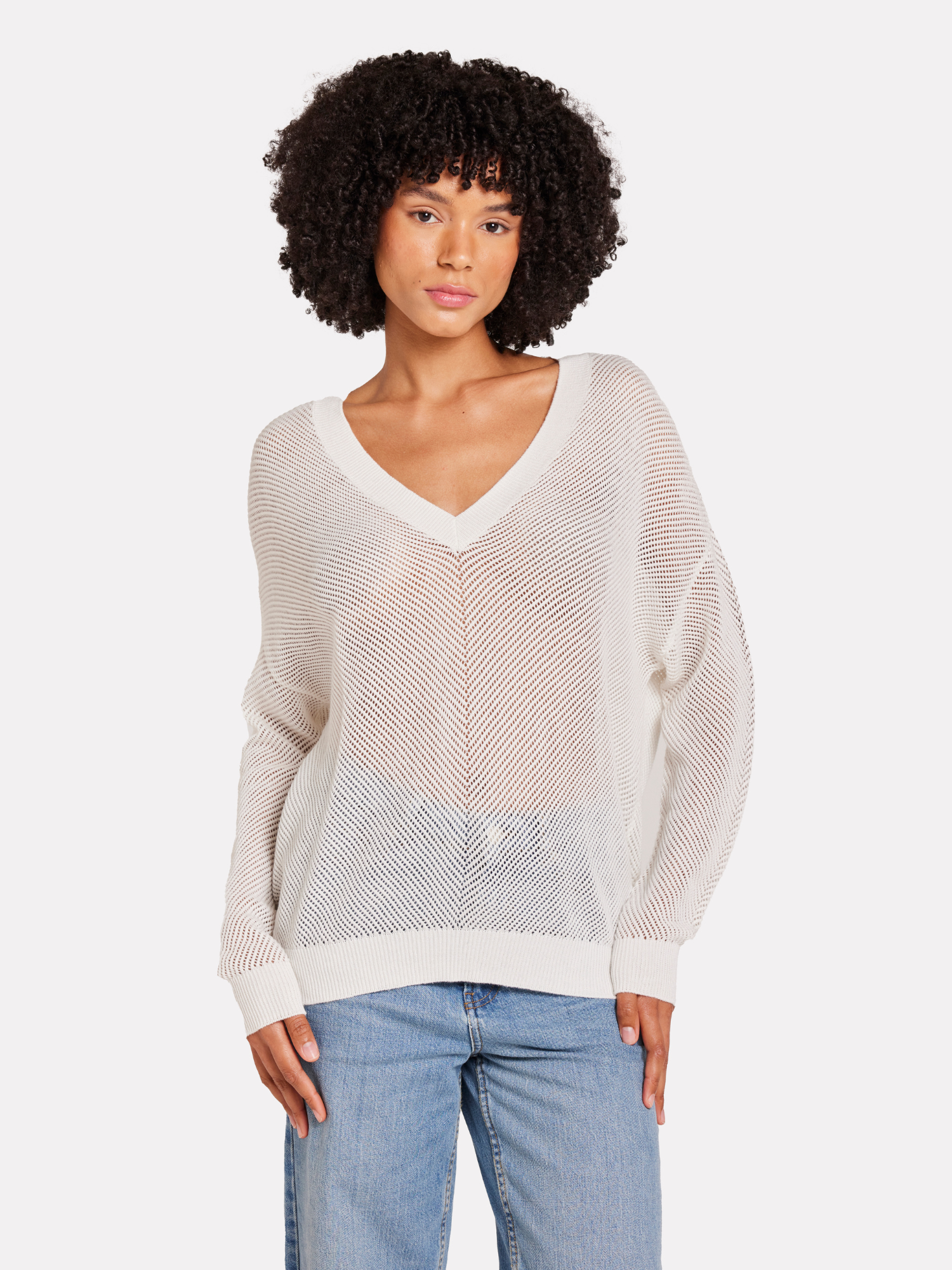 Chevron Pointelle V Neck Jumper
