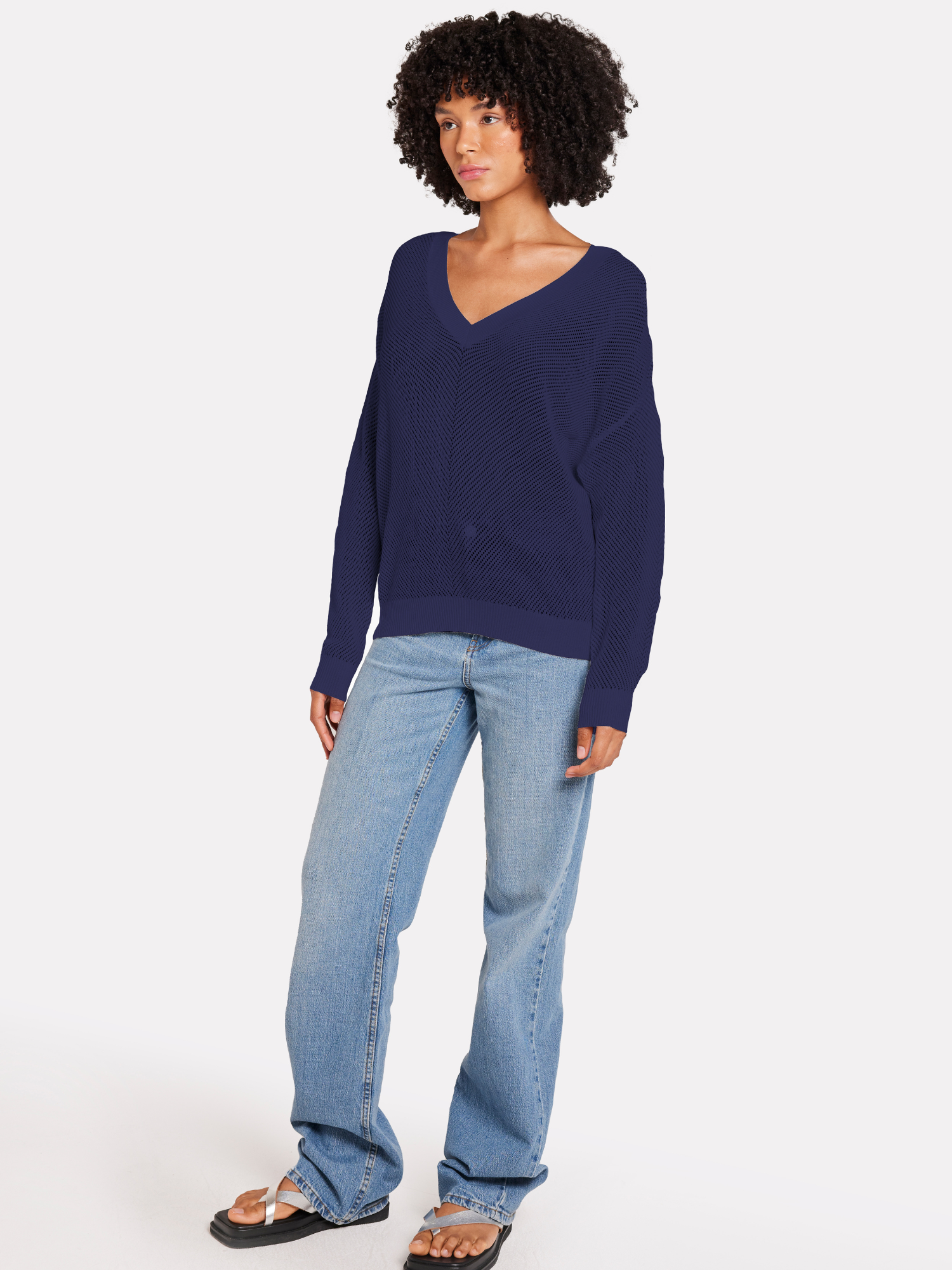 Chevron Pointelle V Neck Jumper