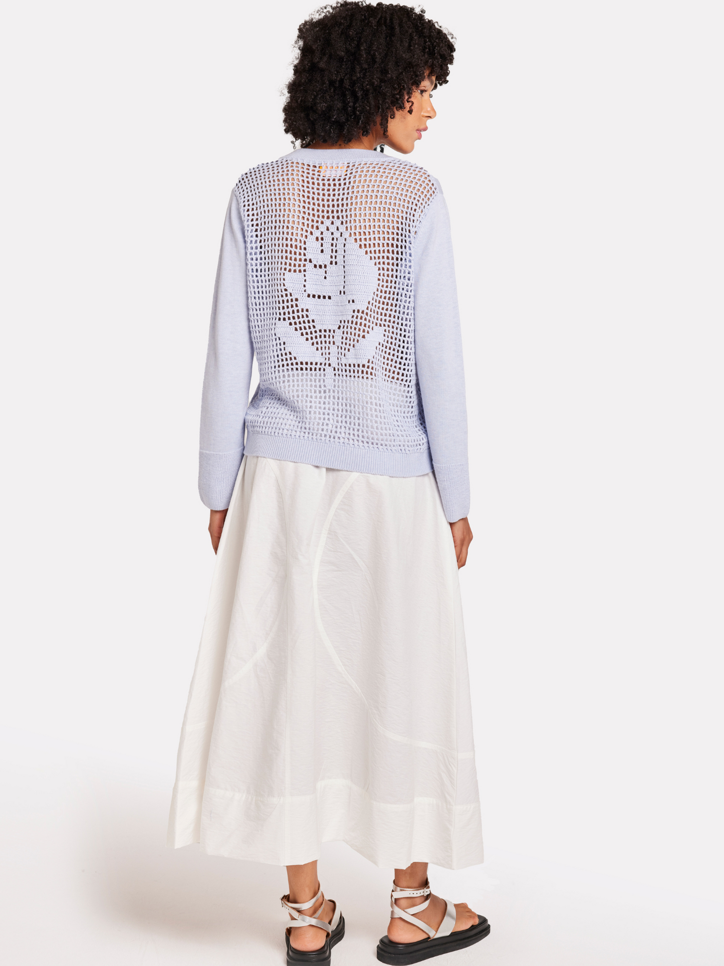 Flower Pointelle Back V Neck Jumper