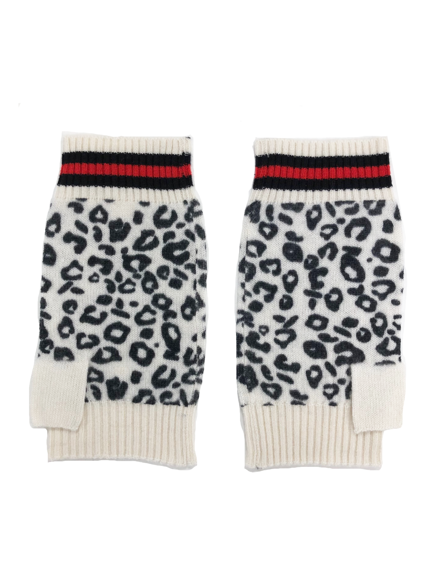 Two leopard wrist warmers with red and black striped bands on a white background