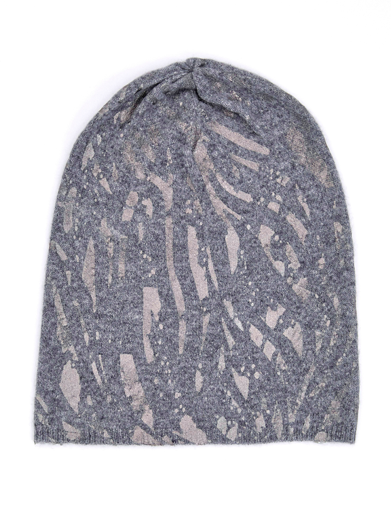Gray knit beanie with abstract pattern on a white background