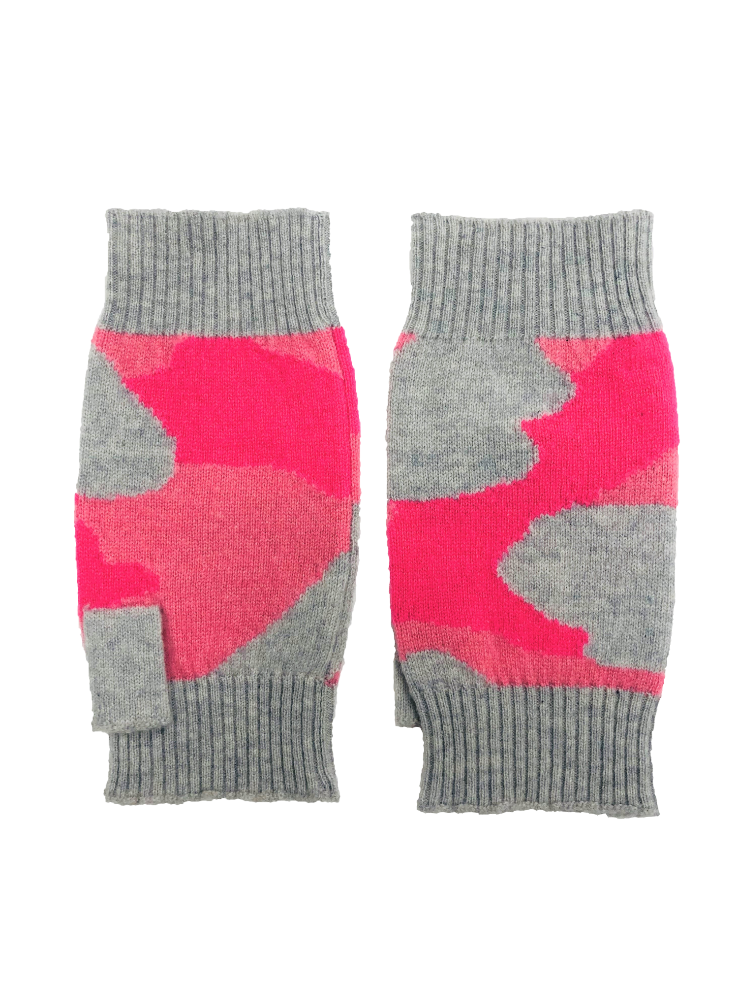 Pair of grey and pink camouflage-patterned wrist warmers on a white background