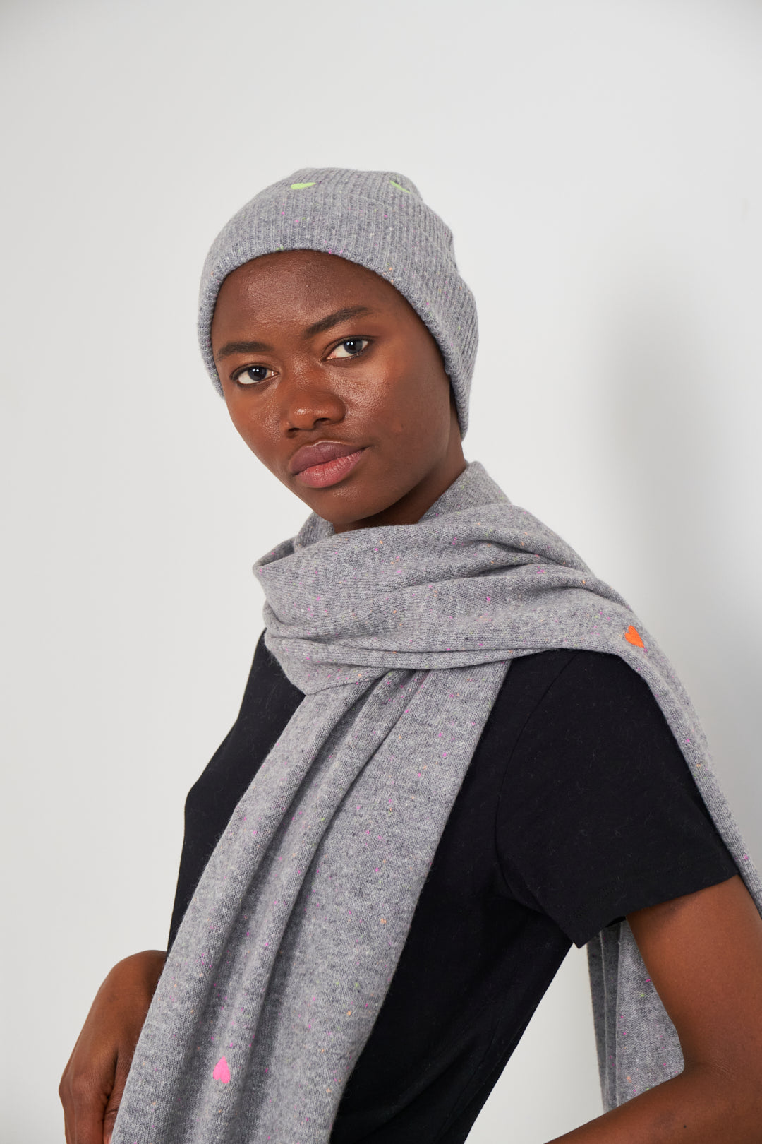Embroidered Heart Cashmere Beanie Hat