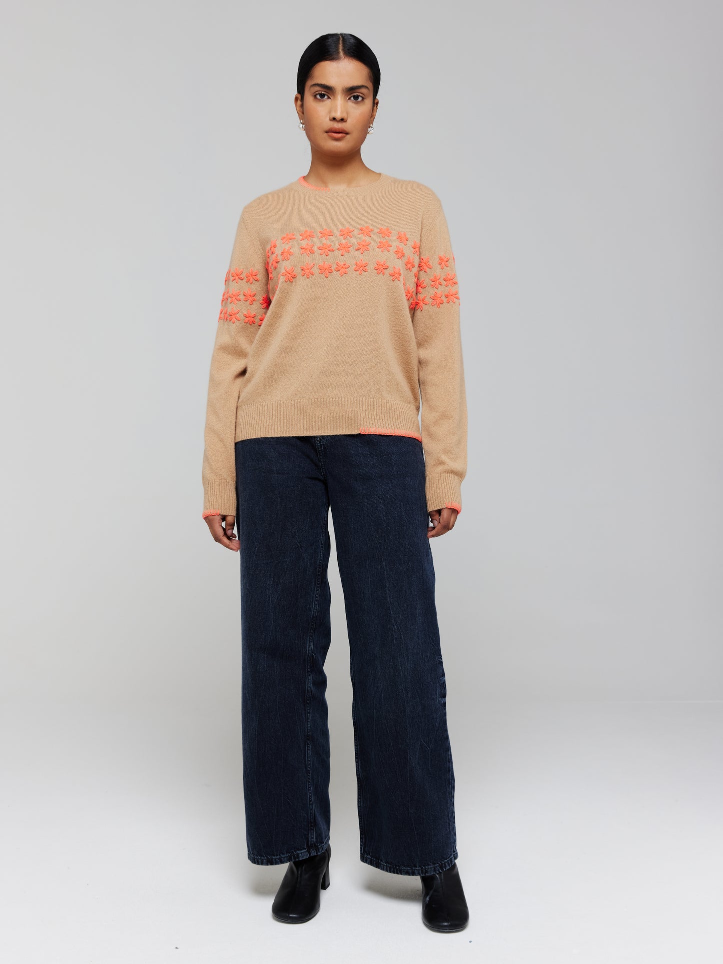 Floral Embroidered Cashmere Crew Neck