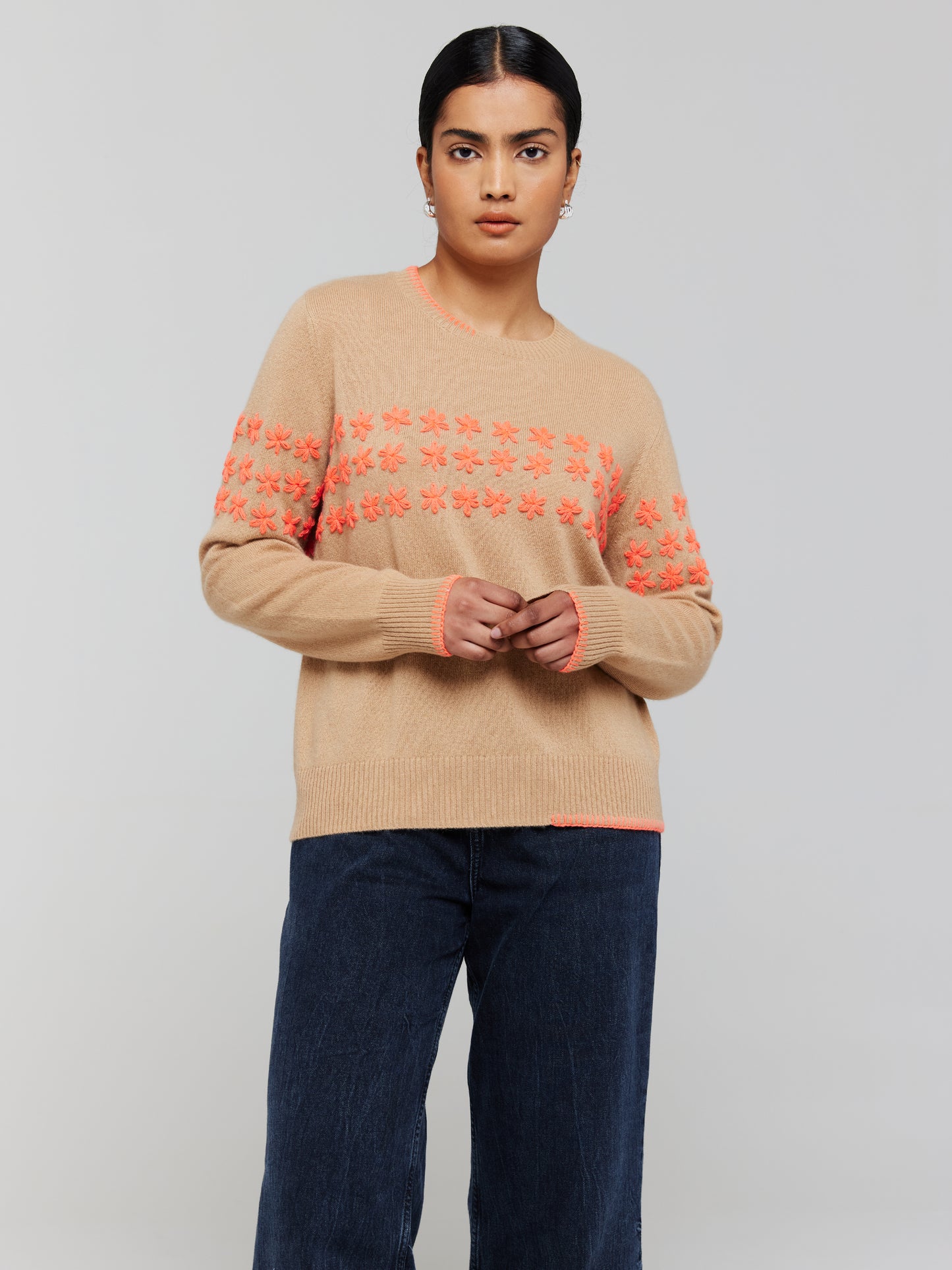 Floral Embroidered Cashmere Crew Neck