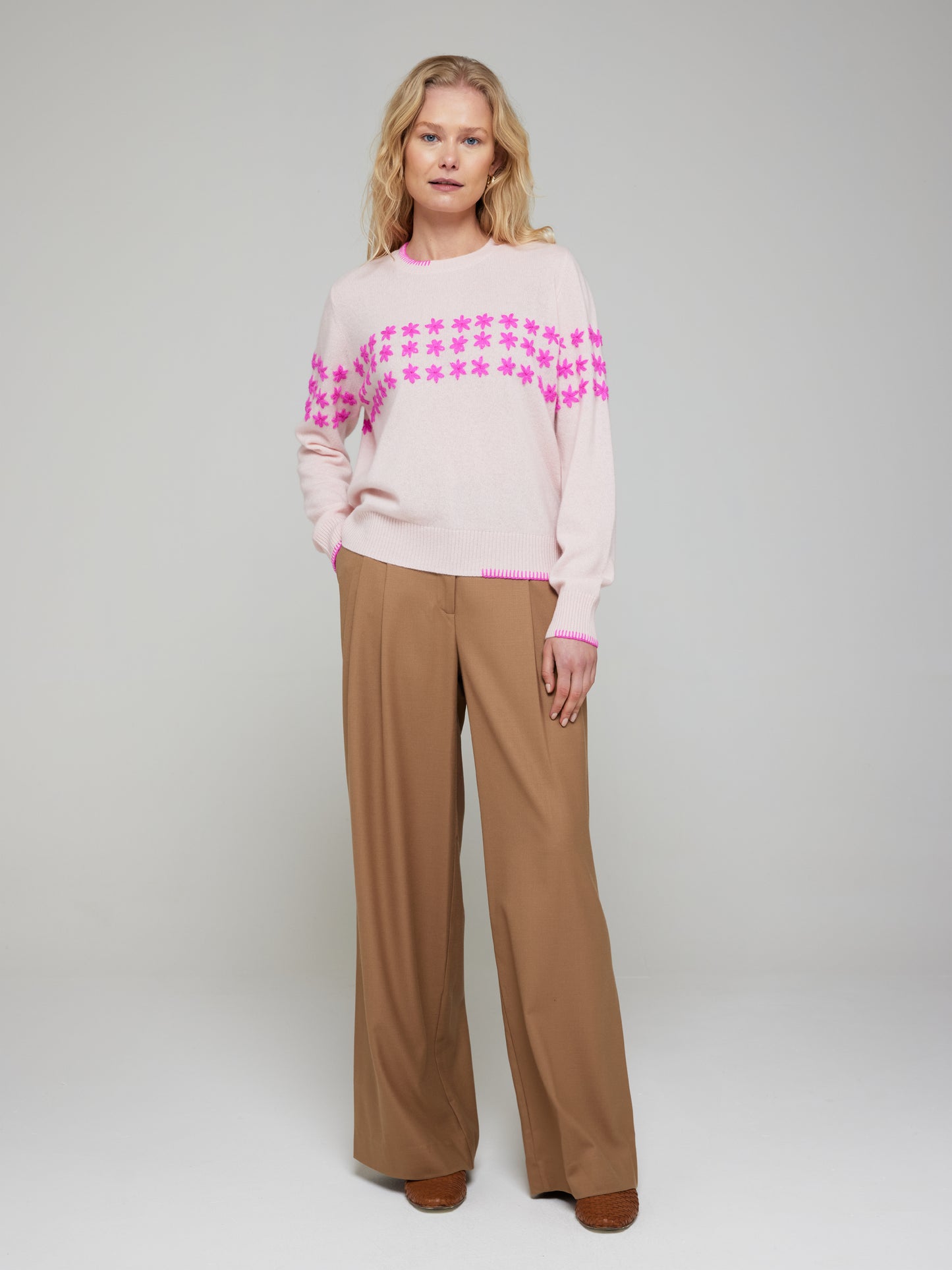 Floral Embroidered Cashmere Crew Neck