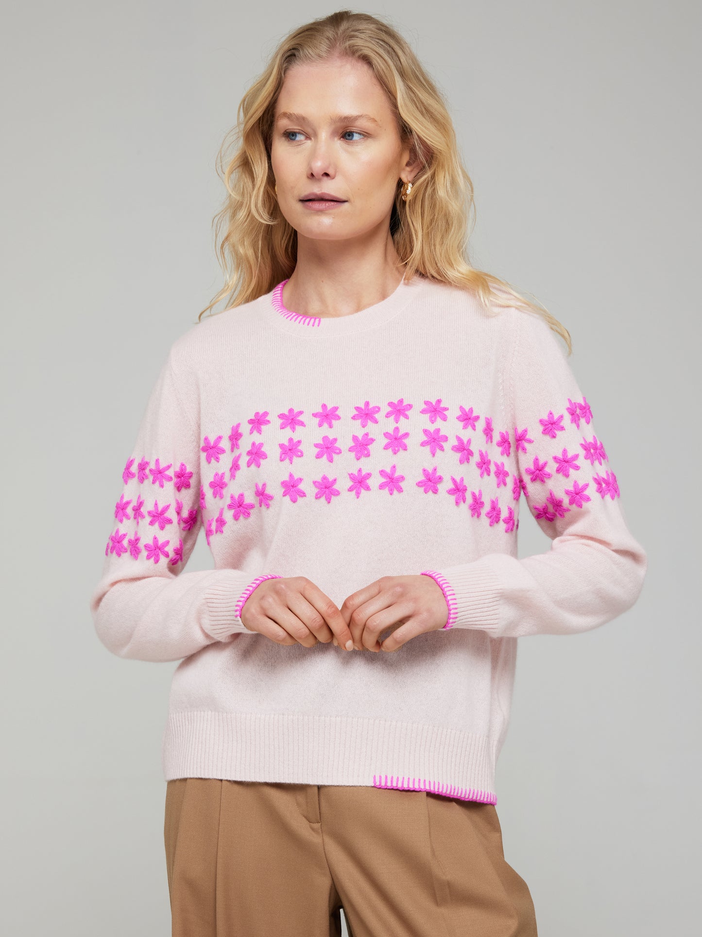 Floral Embroidered Cashmere Crew Neck