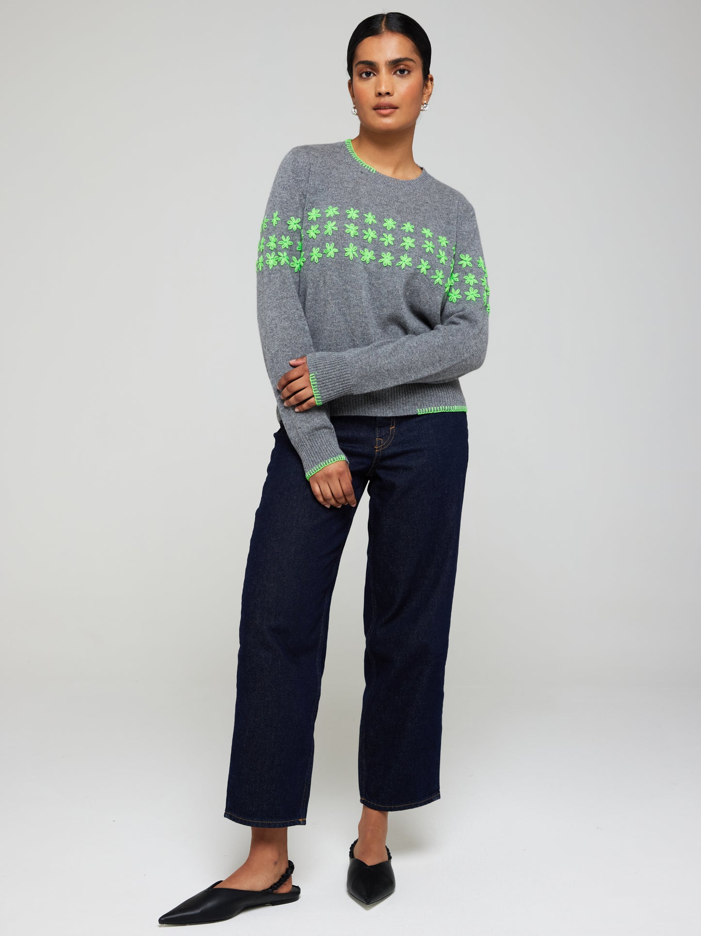 Floral Embroidered Cashmere Crew Neck