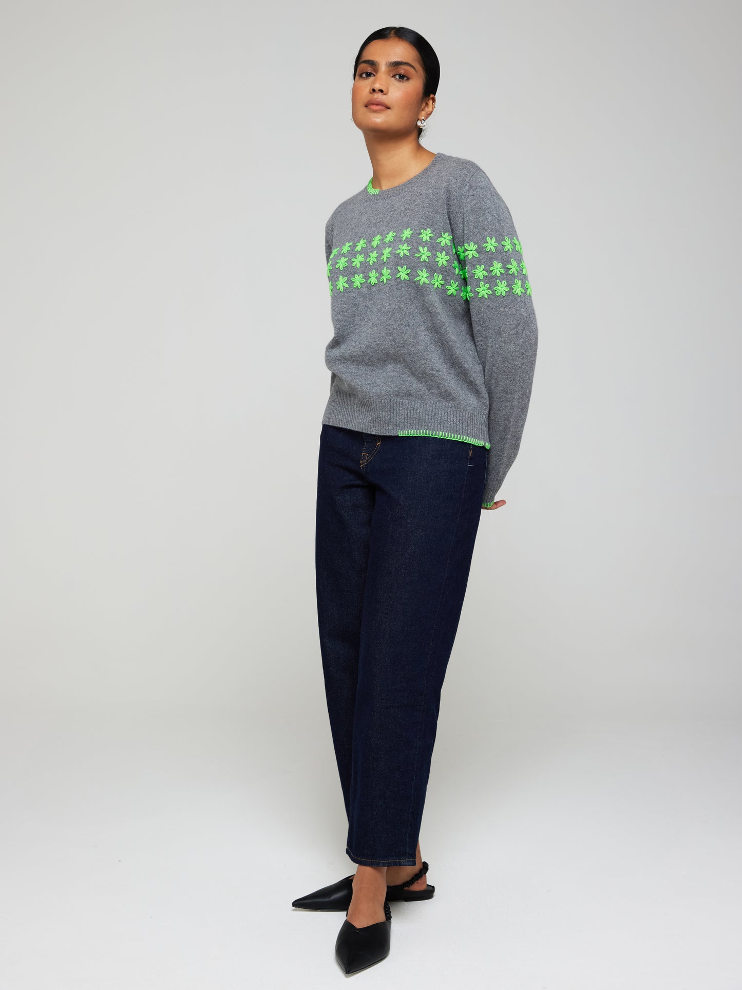 Floral Embroidered Cashmere Crew Neck