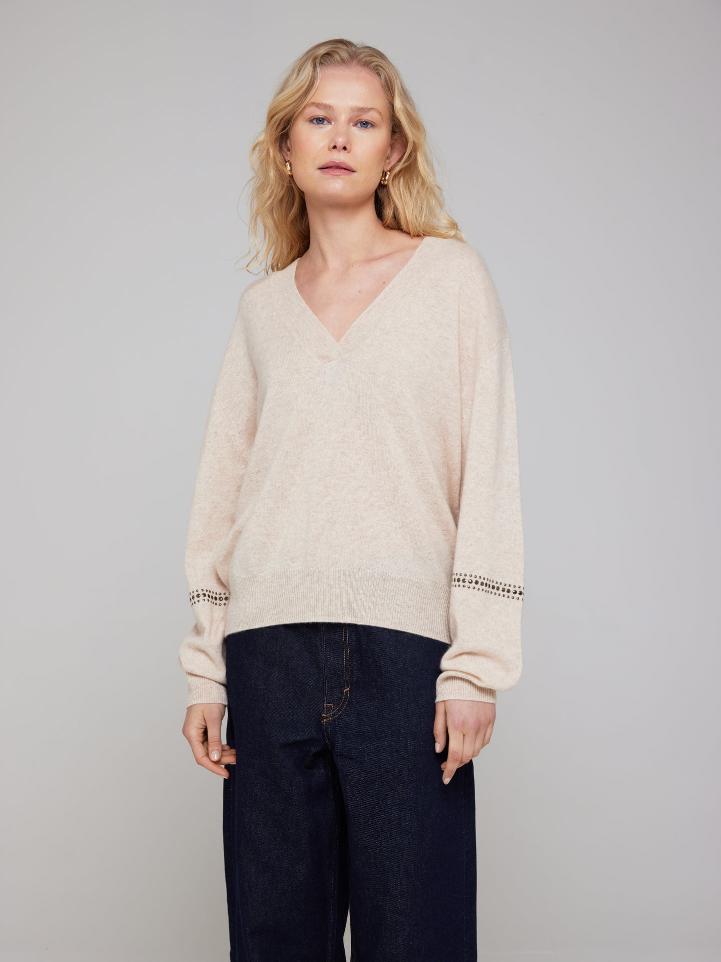 Sage Studded Cashmere V Neck