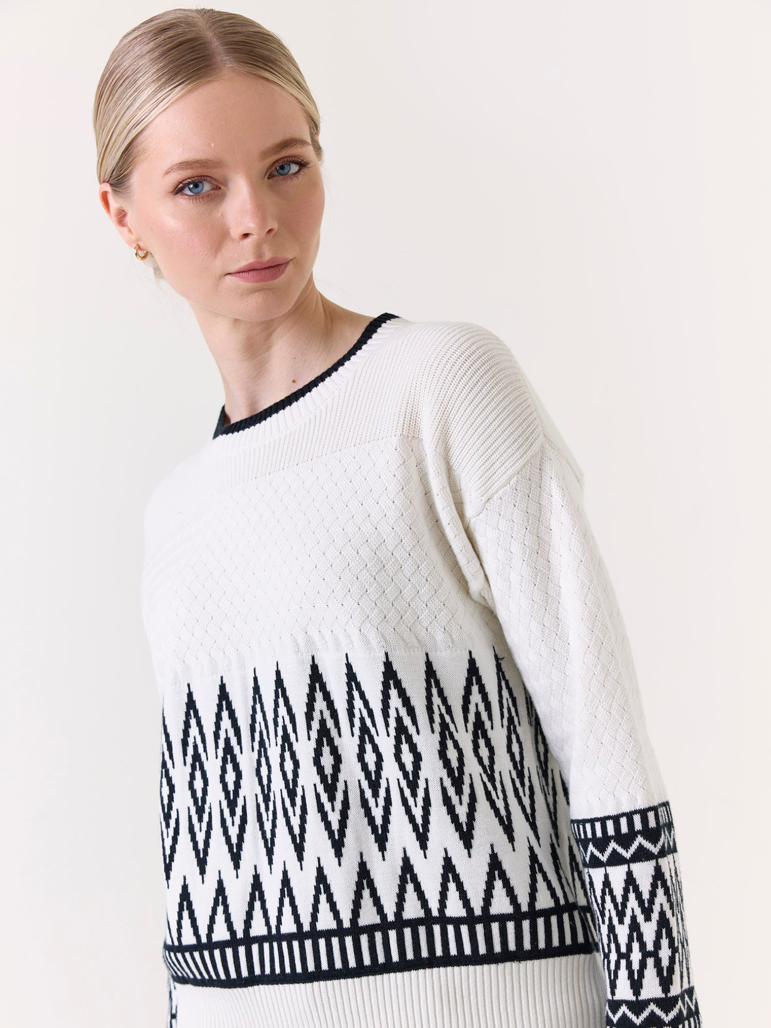 Mix Stitch Geo Crew Neck Sweater