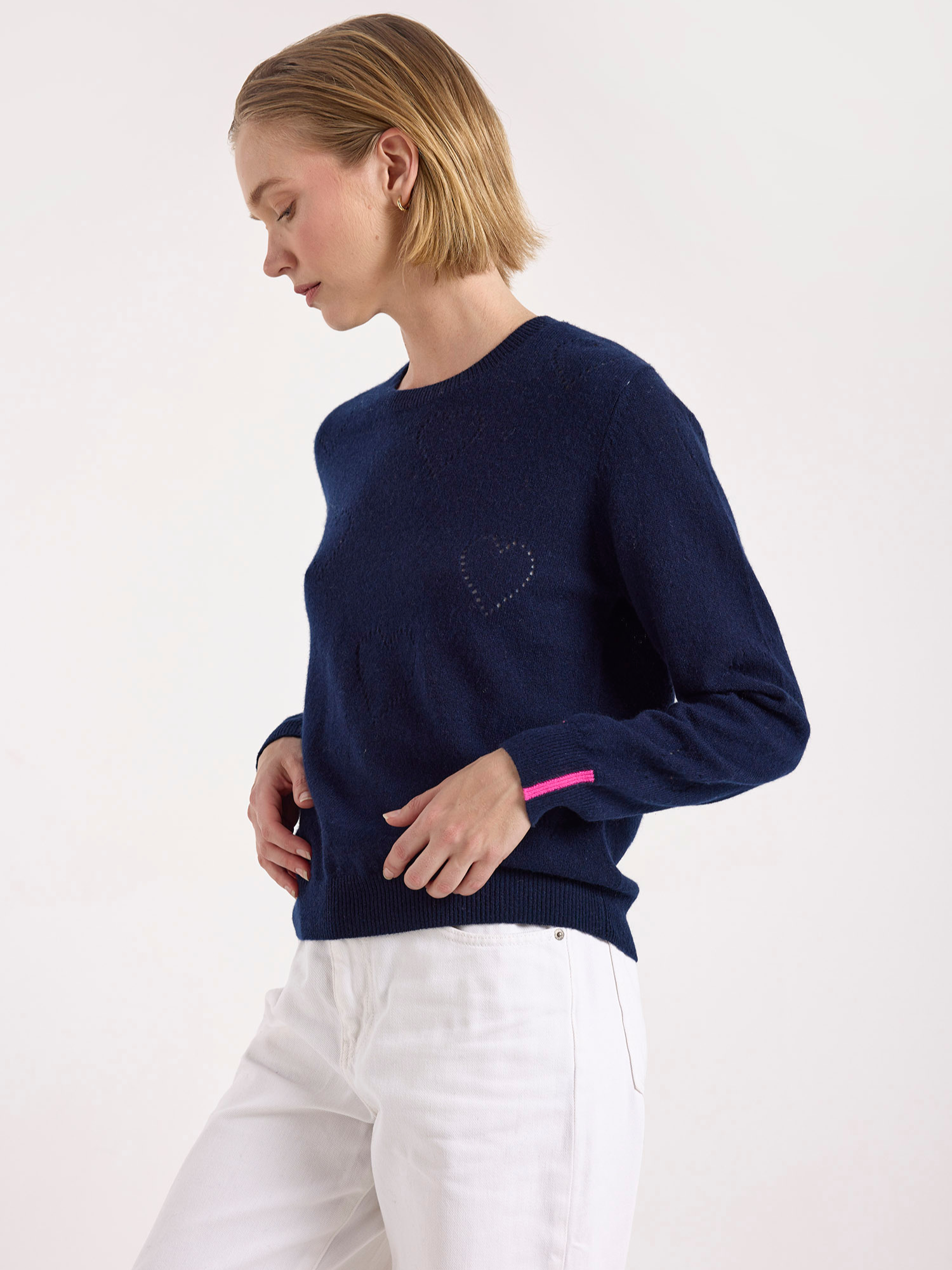 Hilda Heart Pointelle Cashmere Crew Neck Jumper