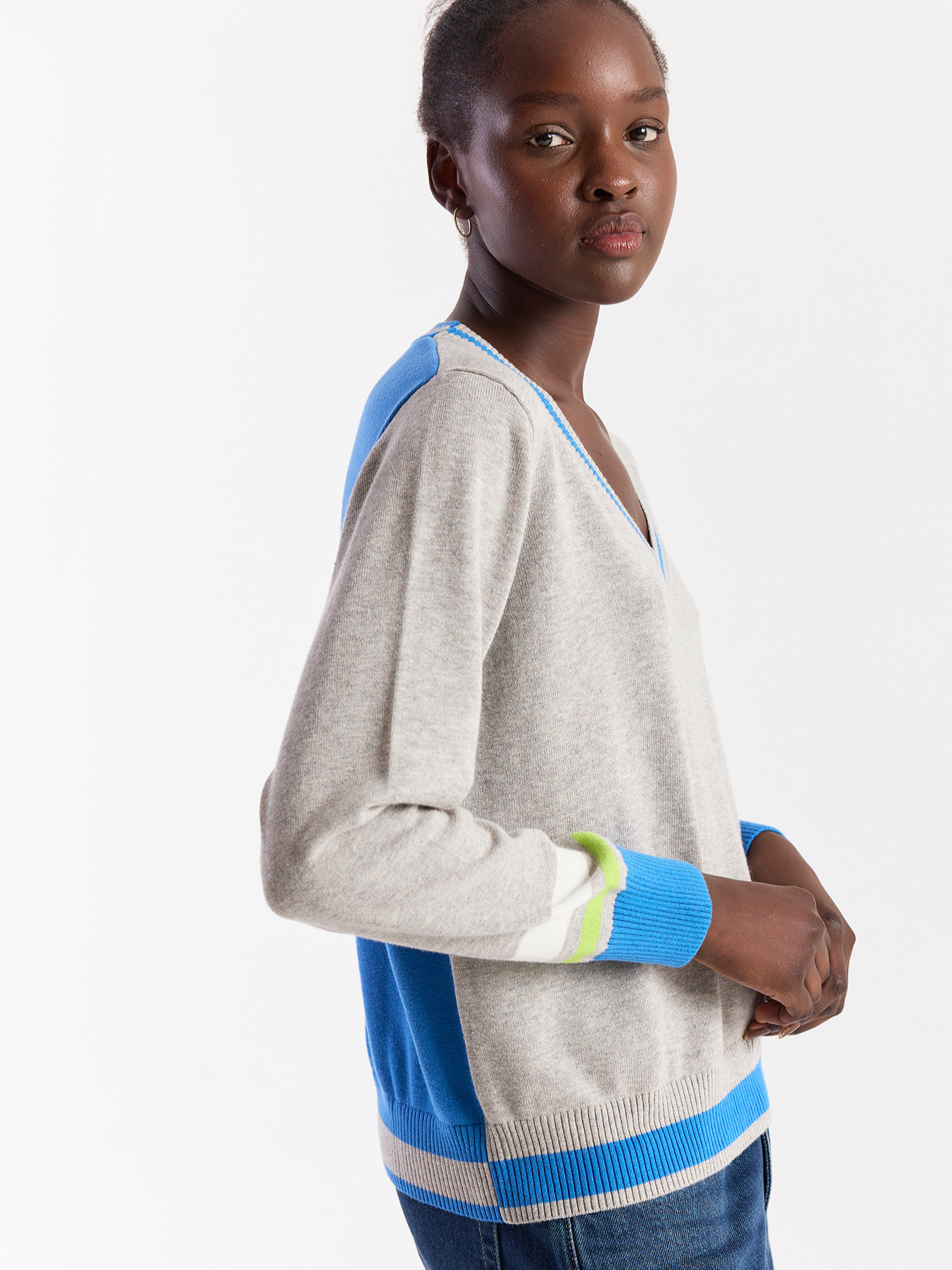 Contrast Stripe Varsity V Neck Jumper