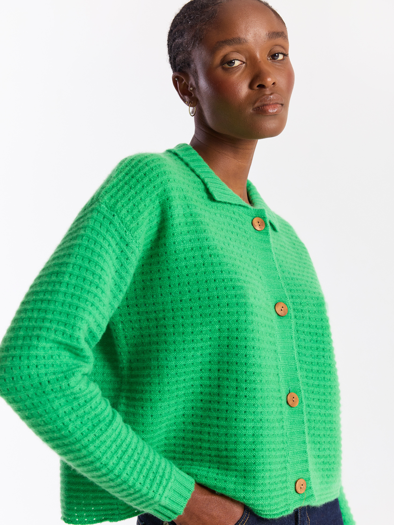 Ottoman Open Stitch Polo Cashmere Cardigan