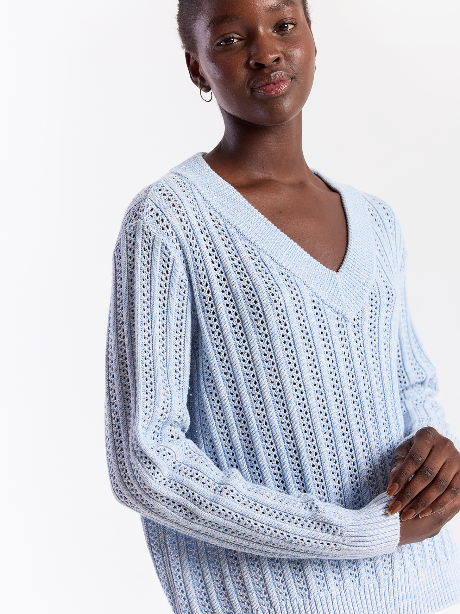 Twist Yarn Ladder V Neck Jumper