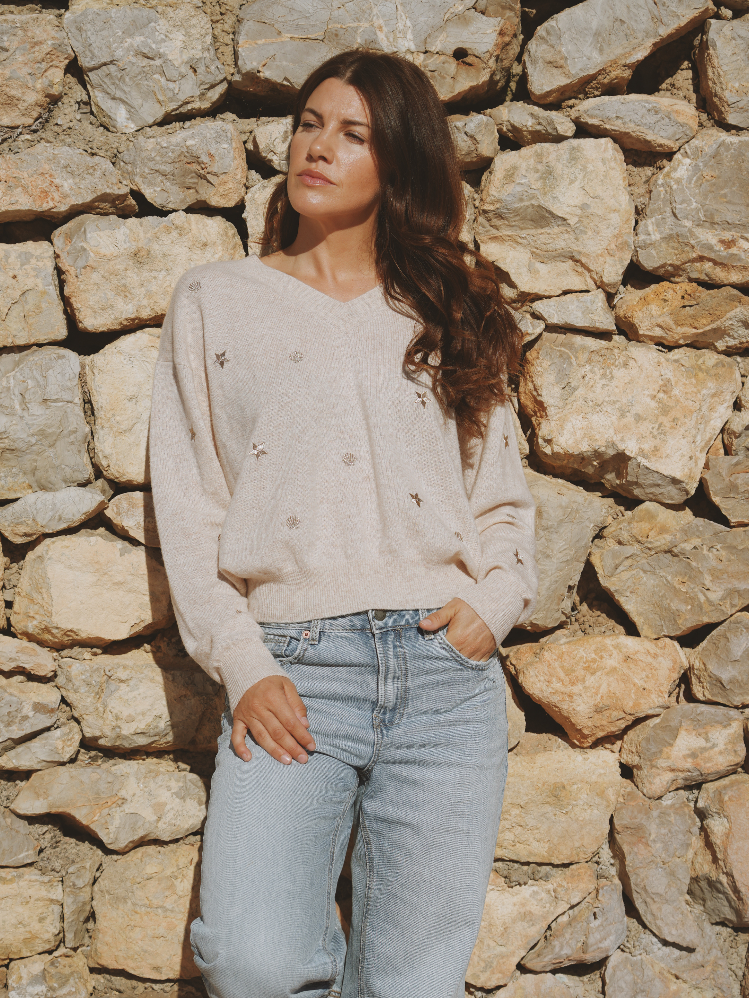 Sea Embroidery Cashmere V Neck Jumper