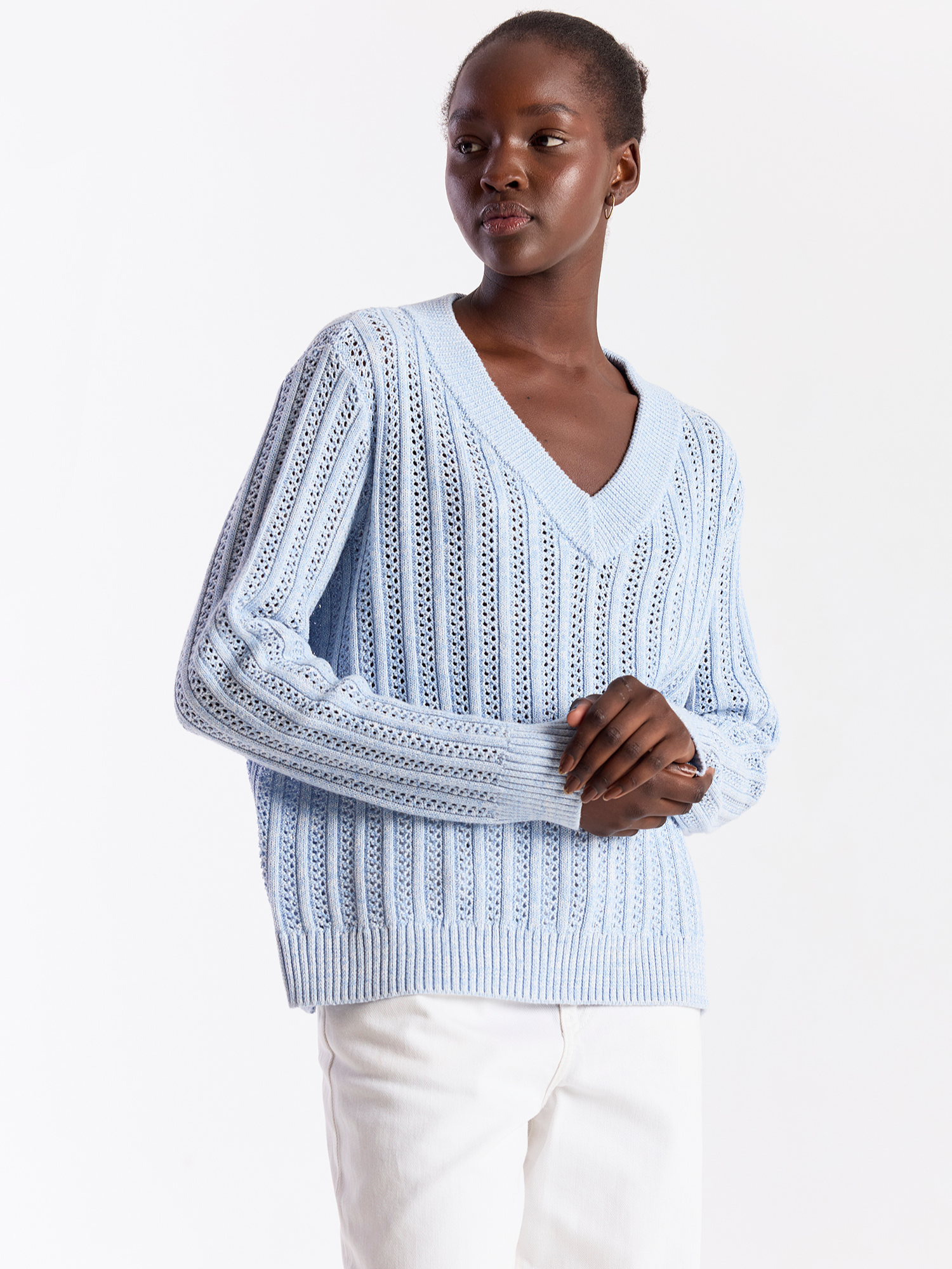 Twist Yarn Ladder V Neck Jumper