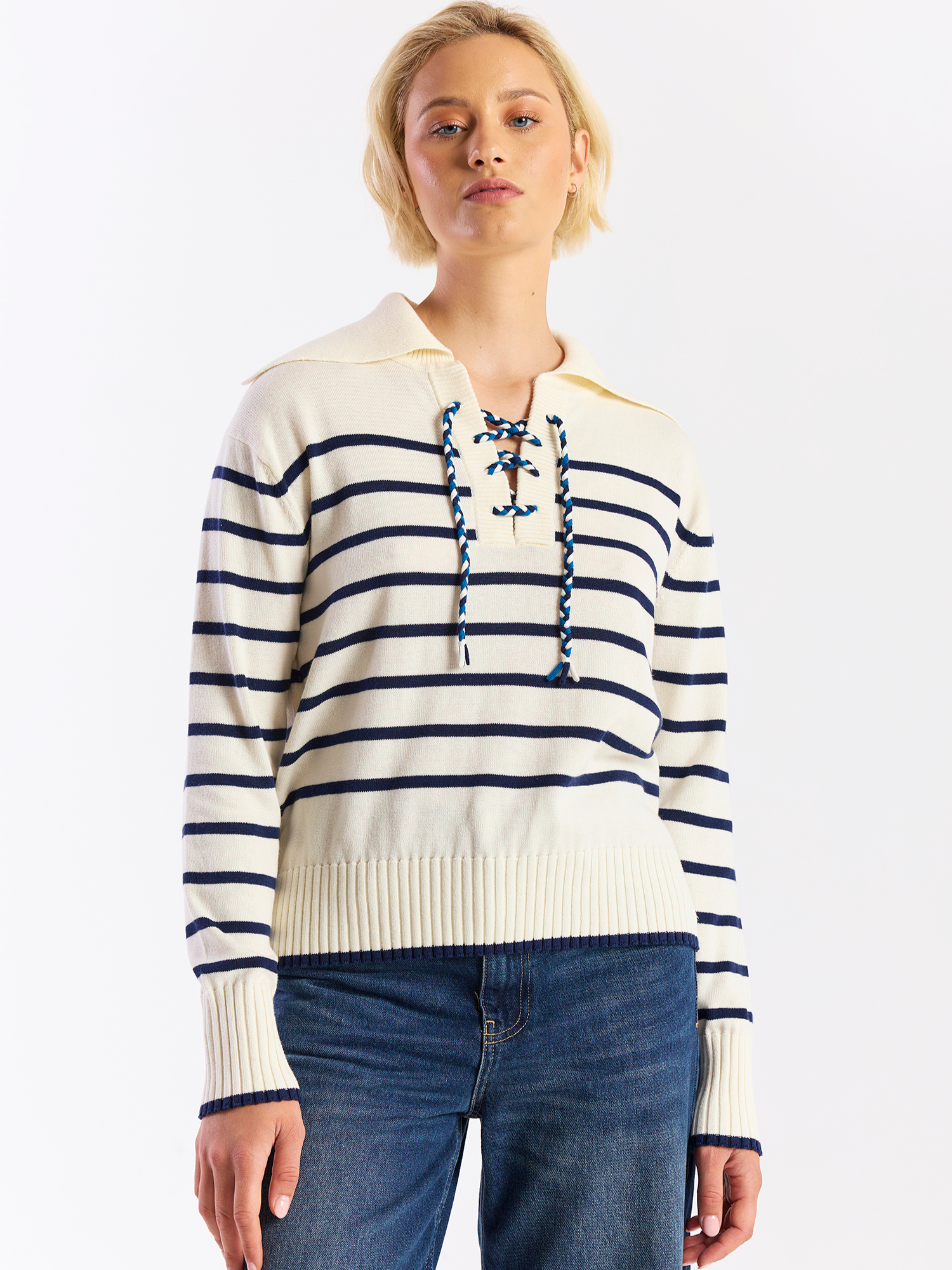 Stripe Lace Up Knit Jumper
