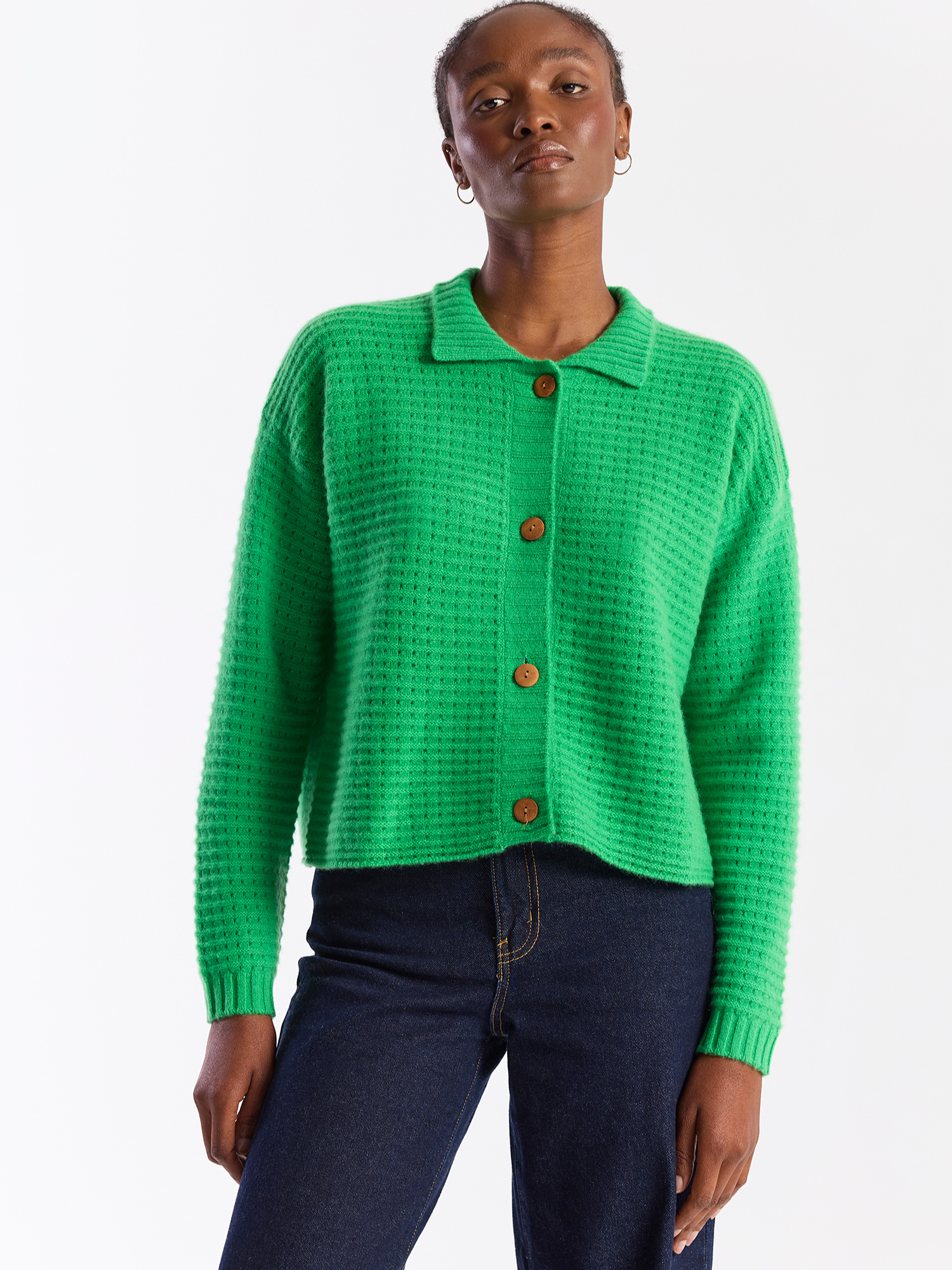 Ottoman Open Stitch Polo Cashmere Cardigan