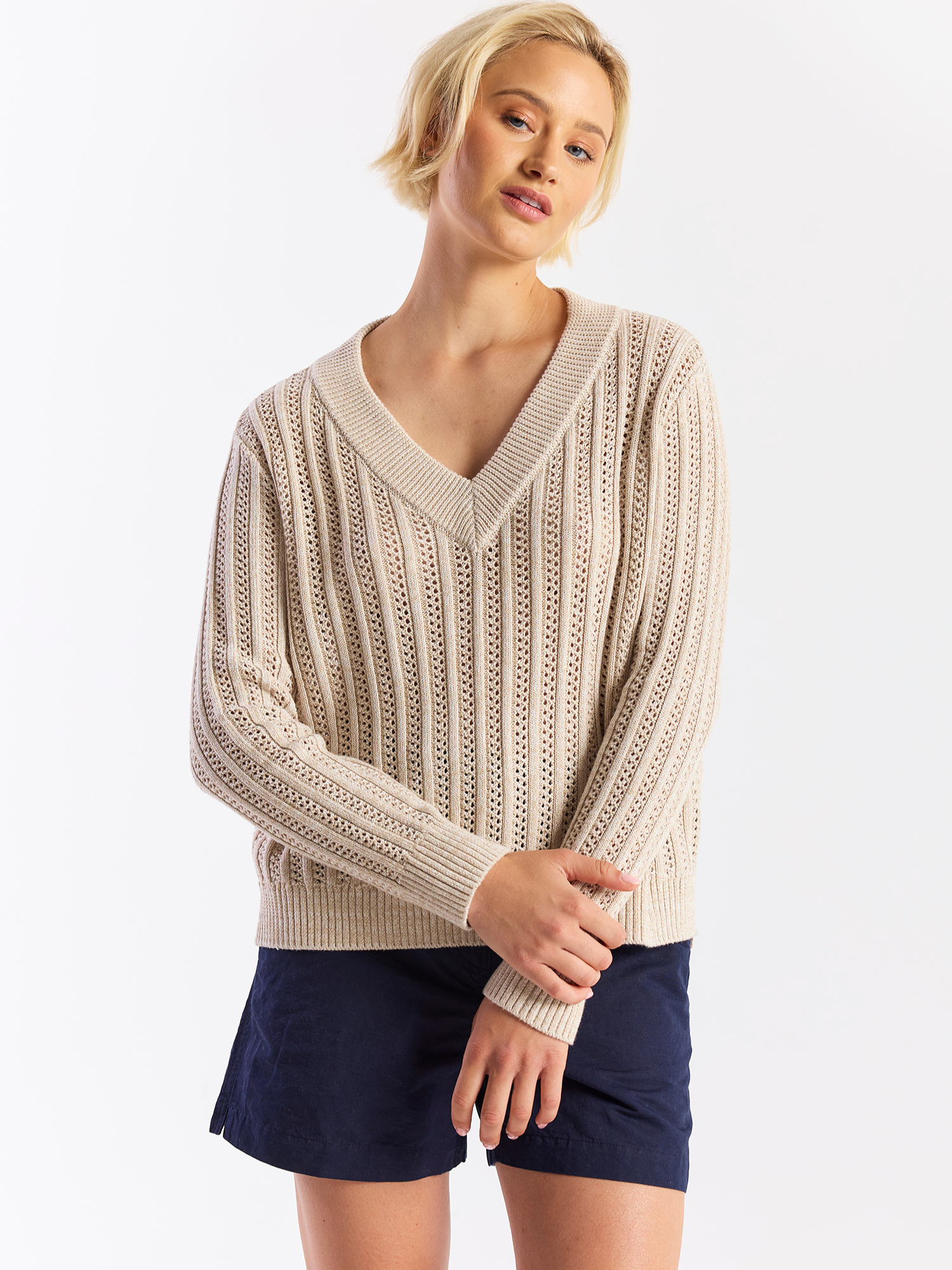Twist Yarn Ladder V Neck Jumper