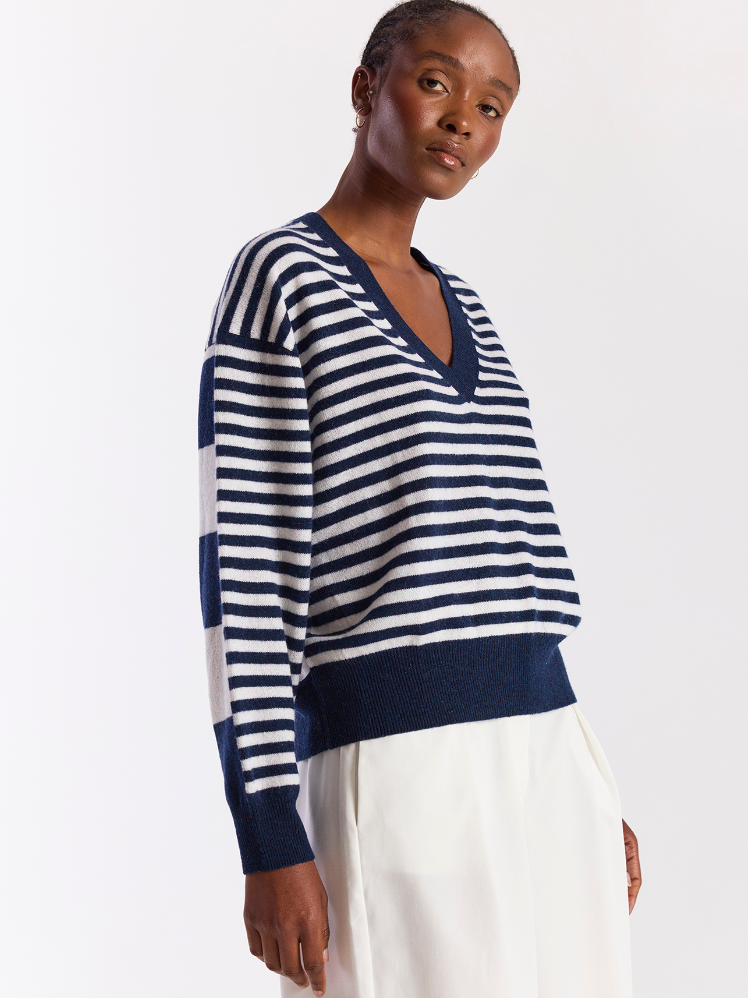 Beach Stripe V Neck Cashmere Crew Sweater
