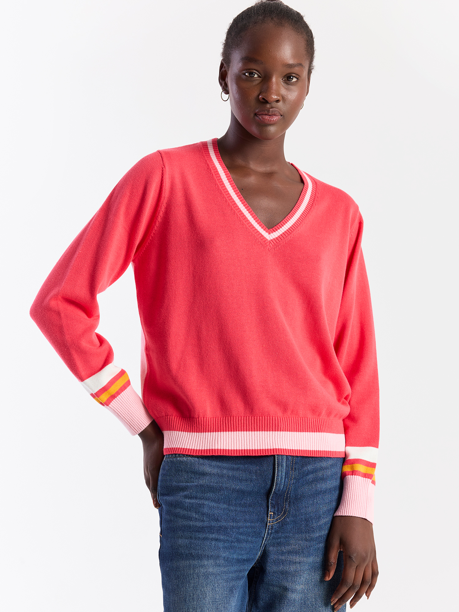 Contrast Stripe Varsity V Neck Jumper