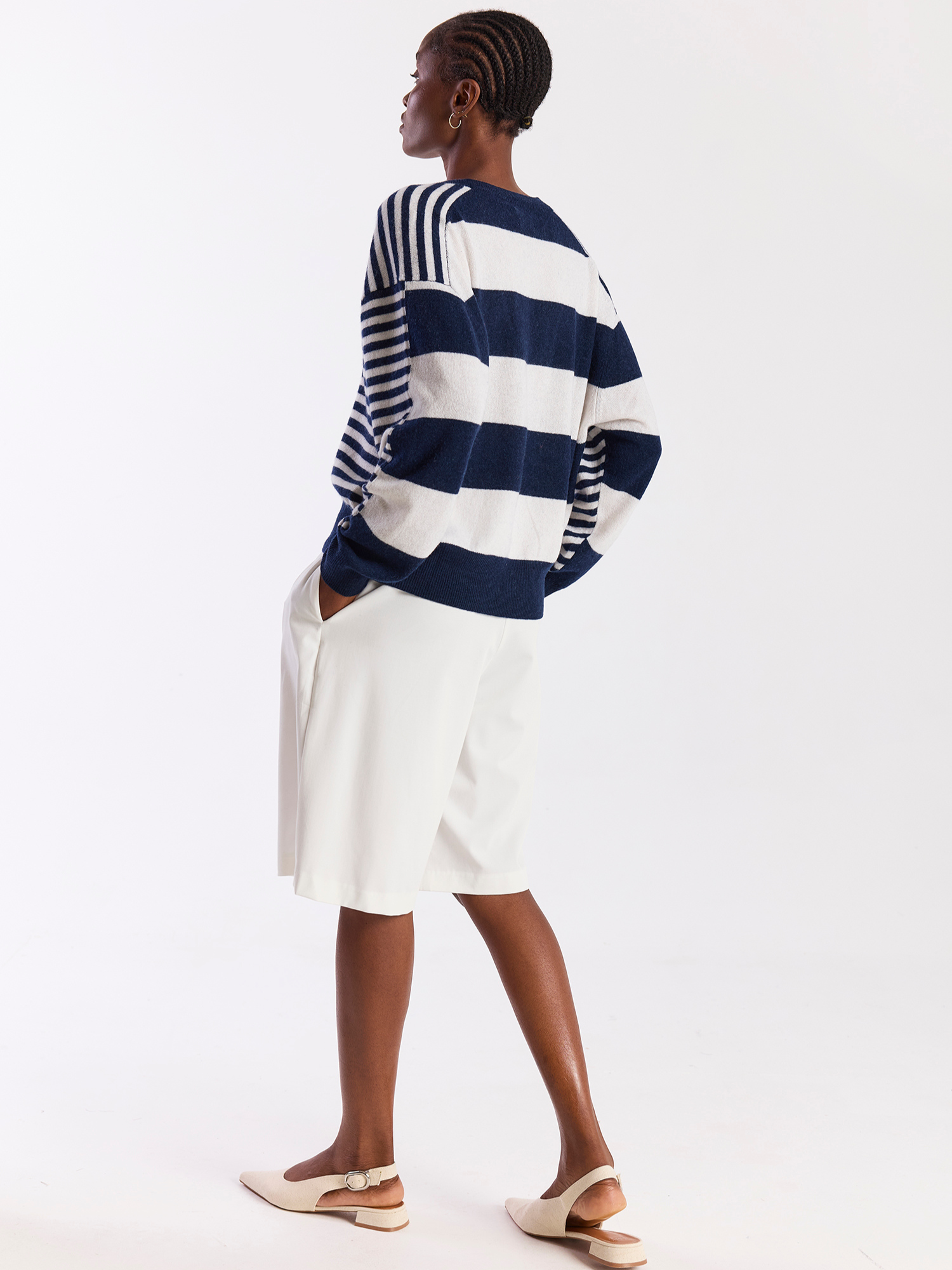 Beach Stripe V Neck Cashmere Crew Sweater