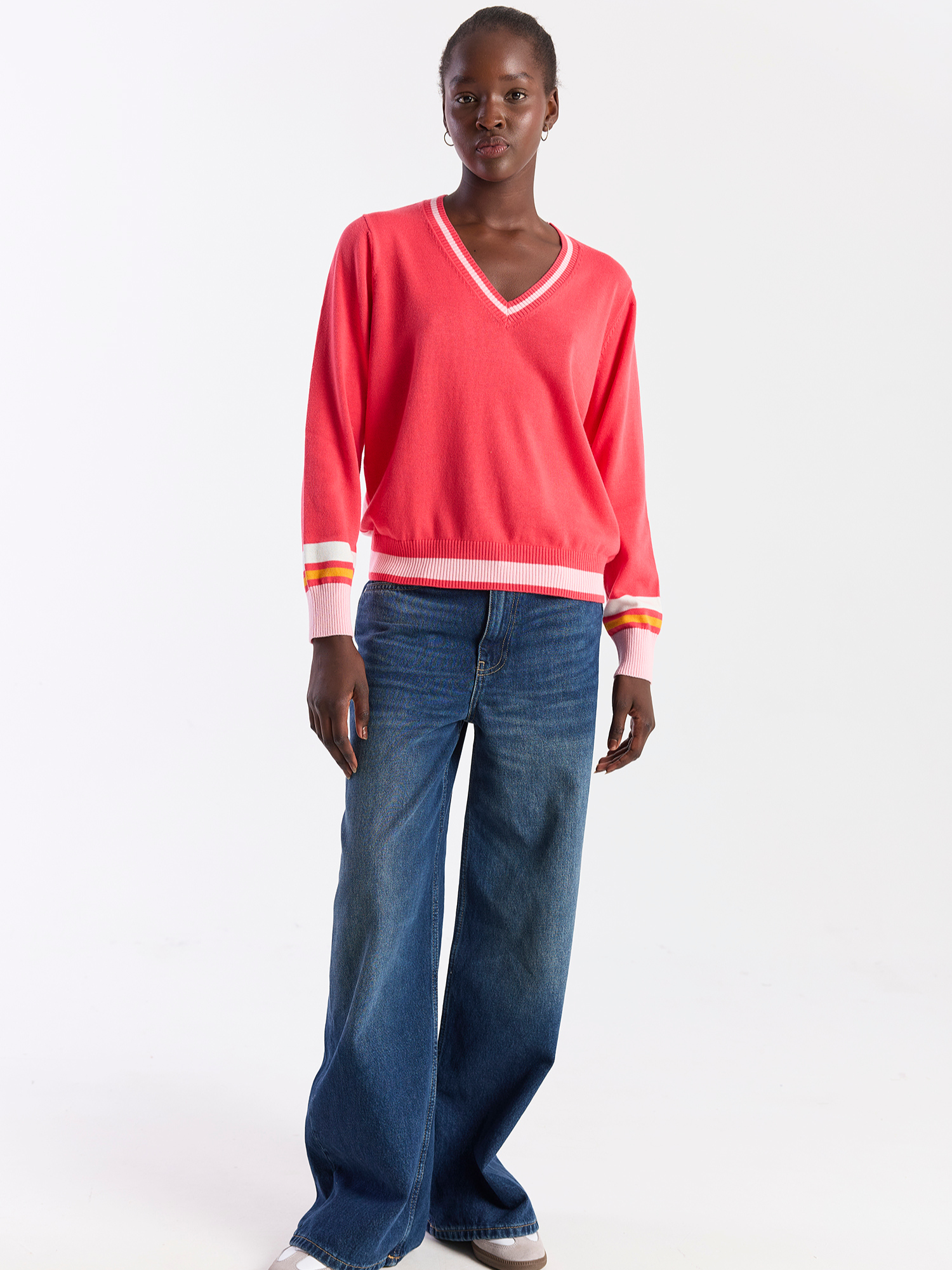 Contrast Stripe Varsity V Neck Jumper