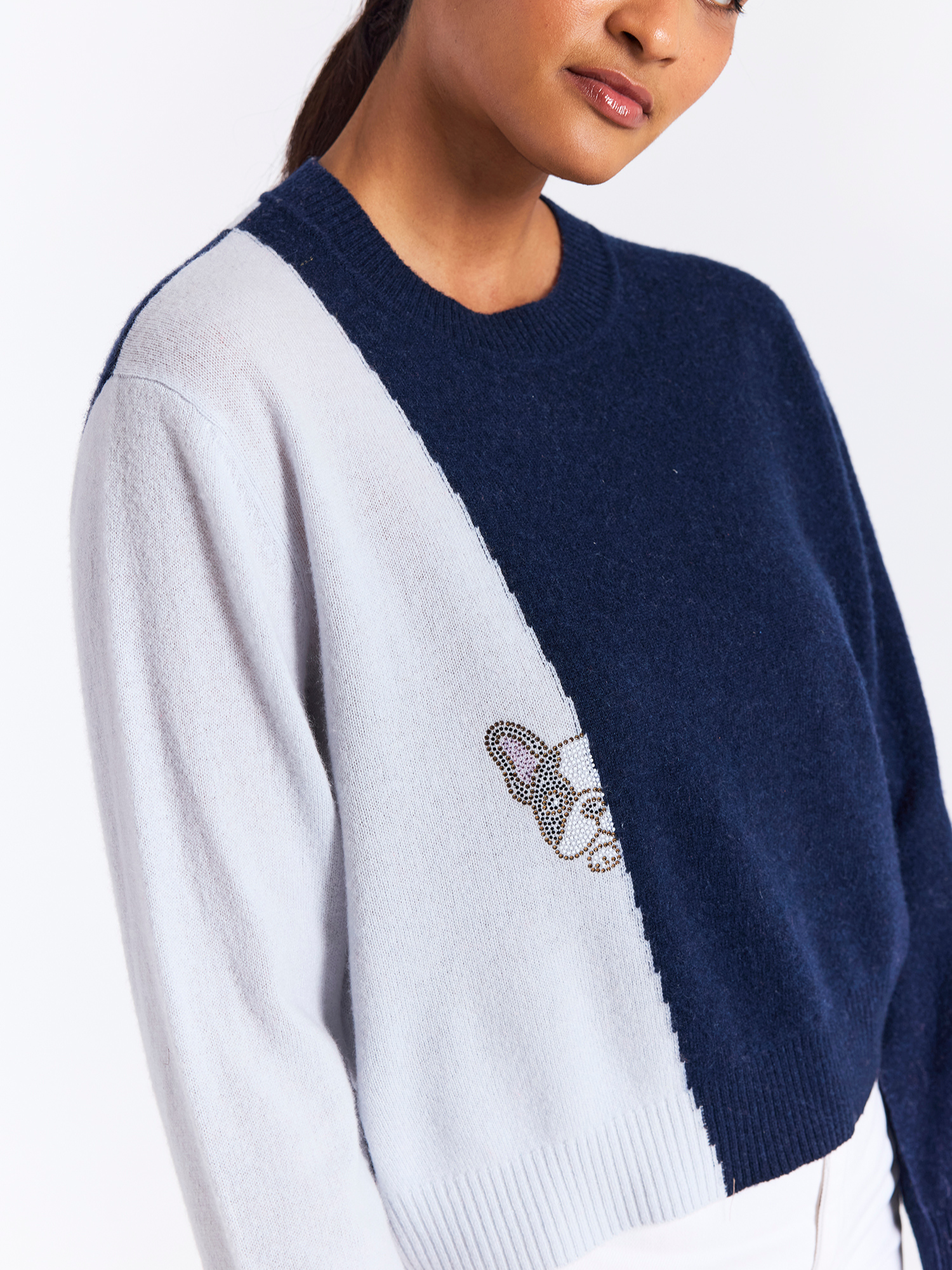 Navy and light blue sweater with a butterfly design on a white background