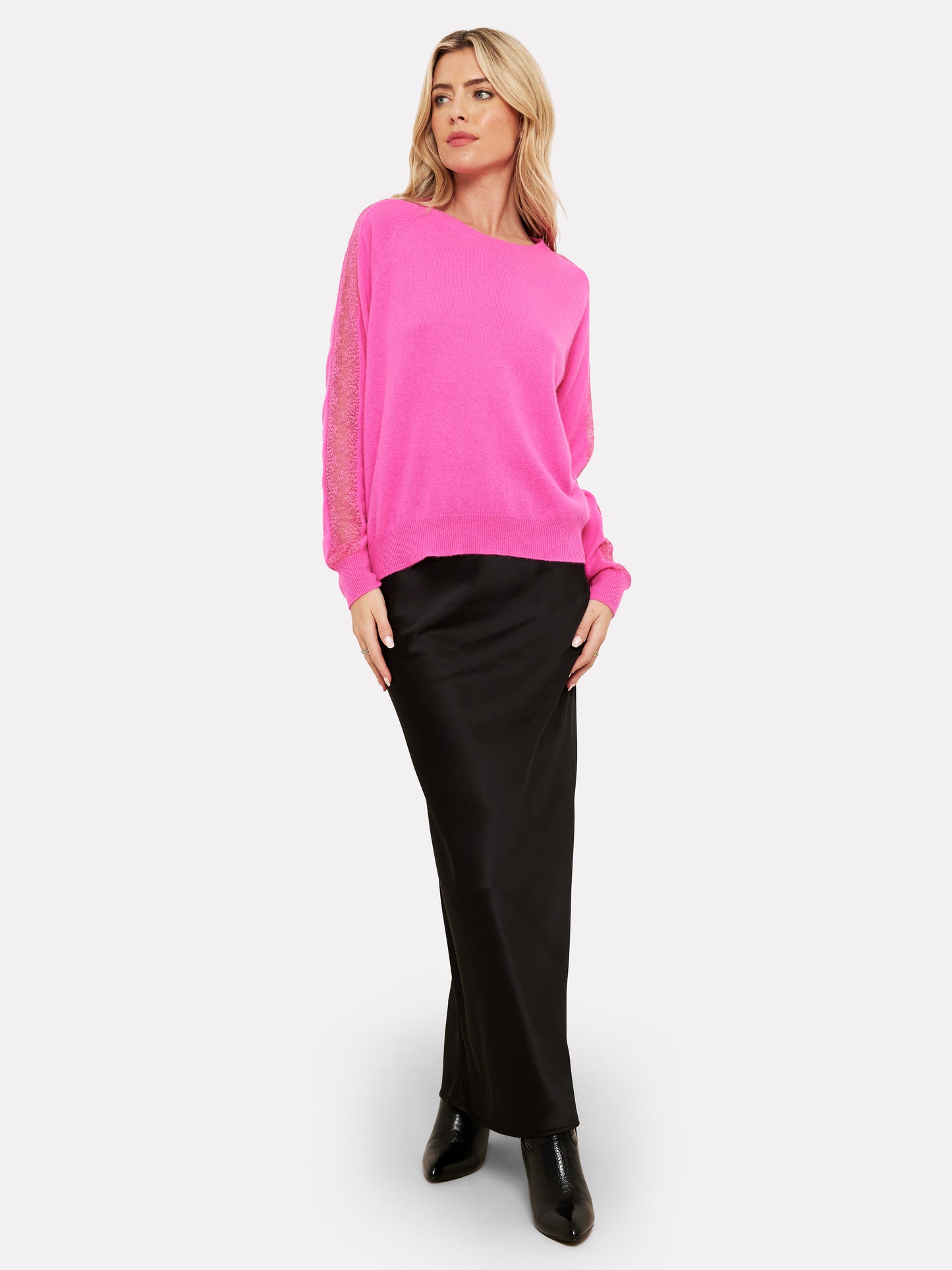 Lace Sleeve Cashmere Crew Neck