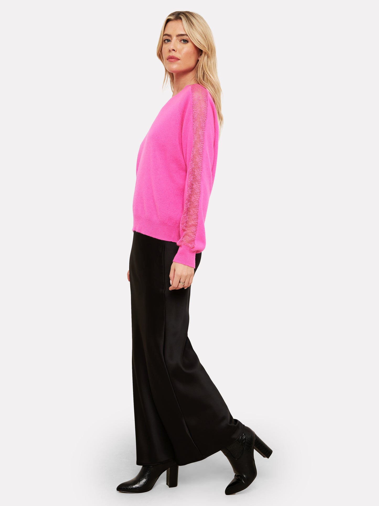 Lace Sleeve Cashmere Crew Neck