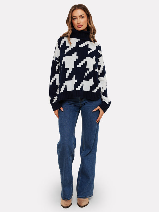 Hayley Houndstooth Cashmere Roll Neck